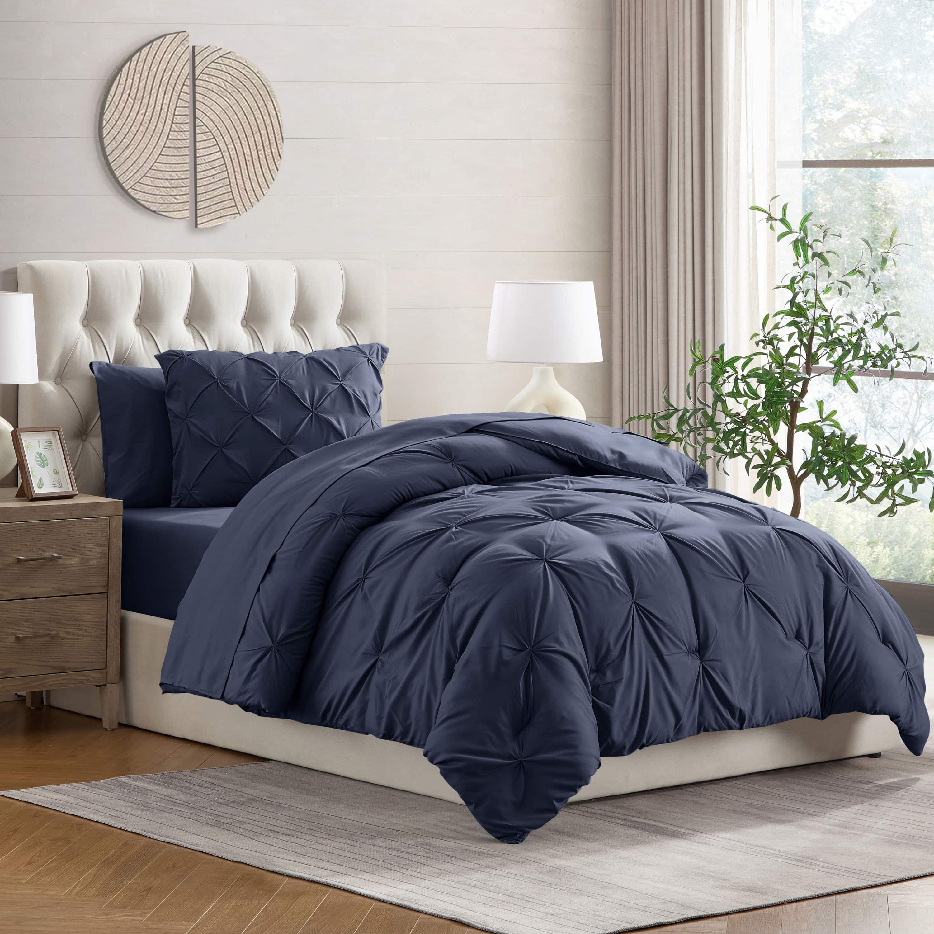 LammaLoe Twin XL Comforter Sets, 5 Piece Bed In A Bag Pintuck Bedding Sets, Navy