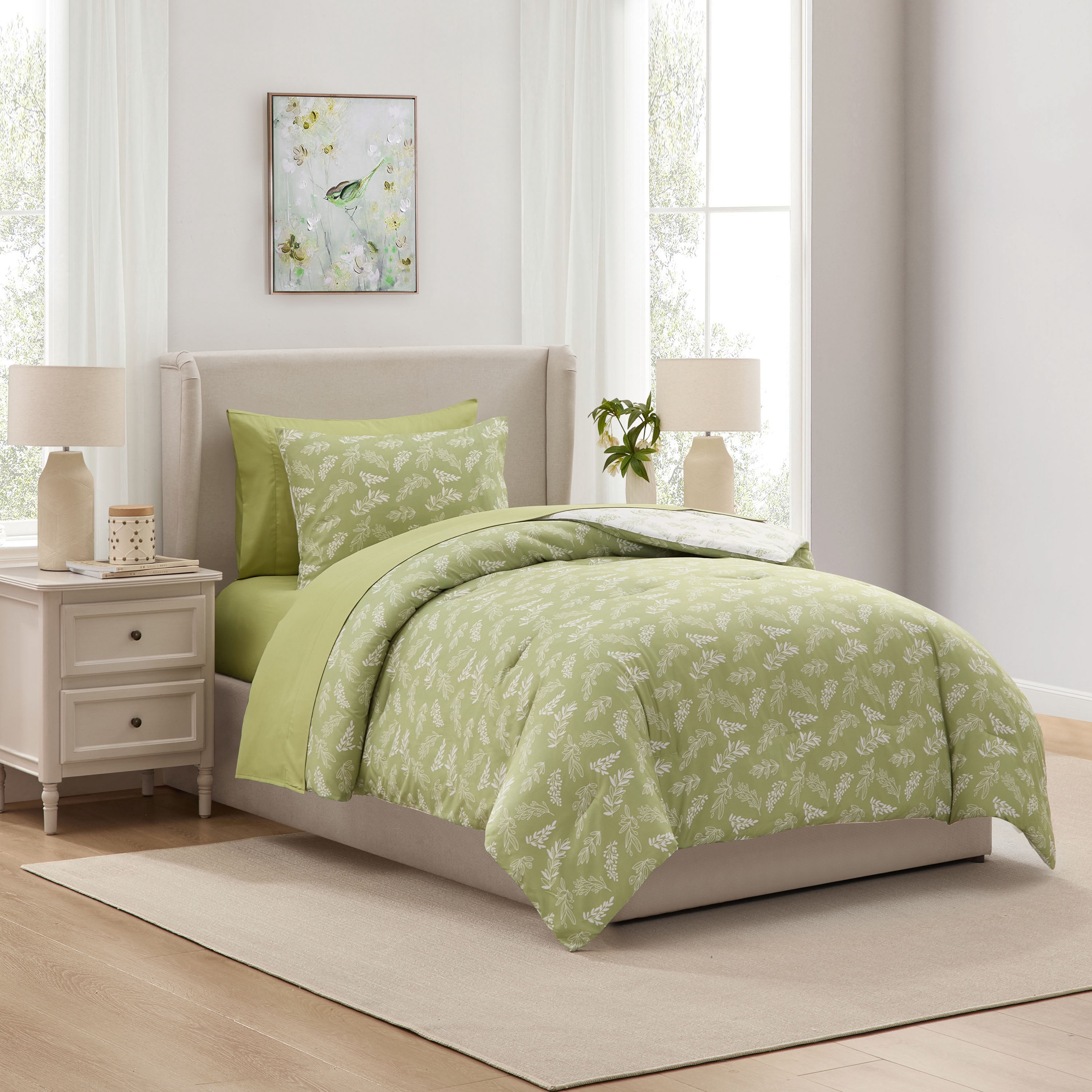 LammaLoe Twin XL Comforter Sets, 5 Piece Reversible Botanical Bed in a Bag, Dorm Bedding Comforter Set with Sheets, Modern Bed Set, Sage Green/Off White