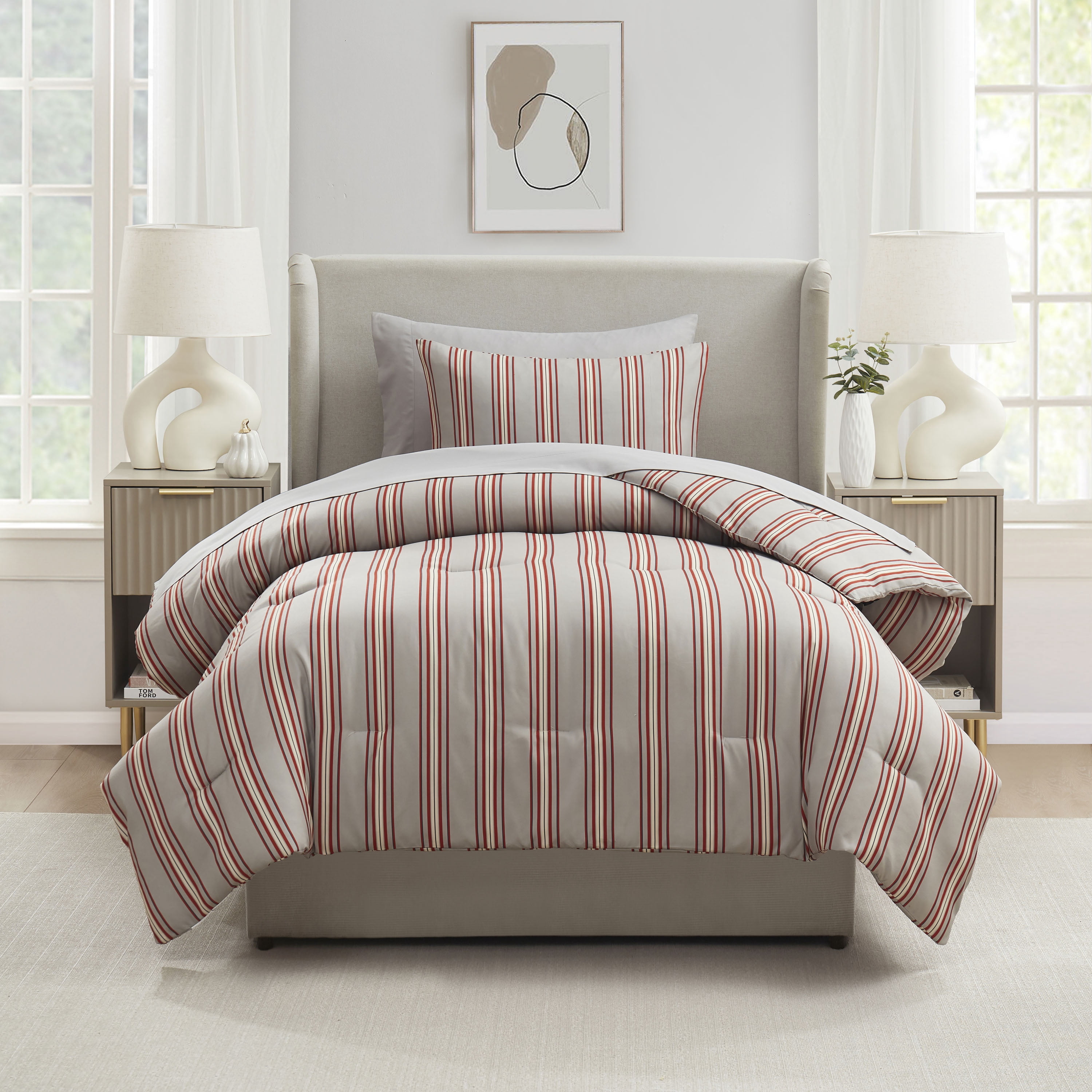 LammaLoe Twin XL Comforter Sets, 5 Piece Striped Bed in a Bag, Dorm Bedding Comforter Set with Sheets, Modern Bed Set, Gray