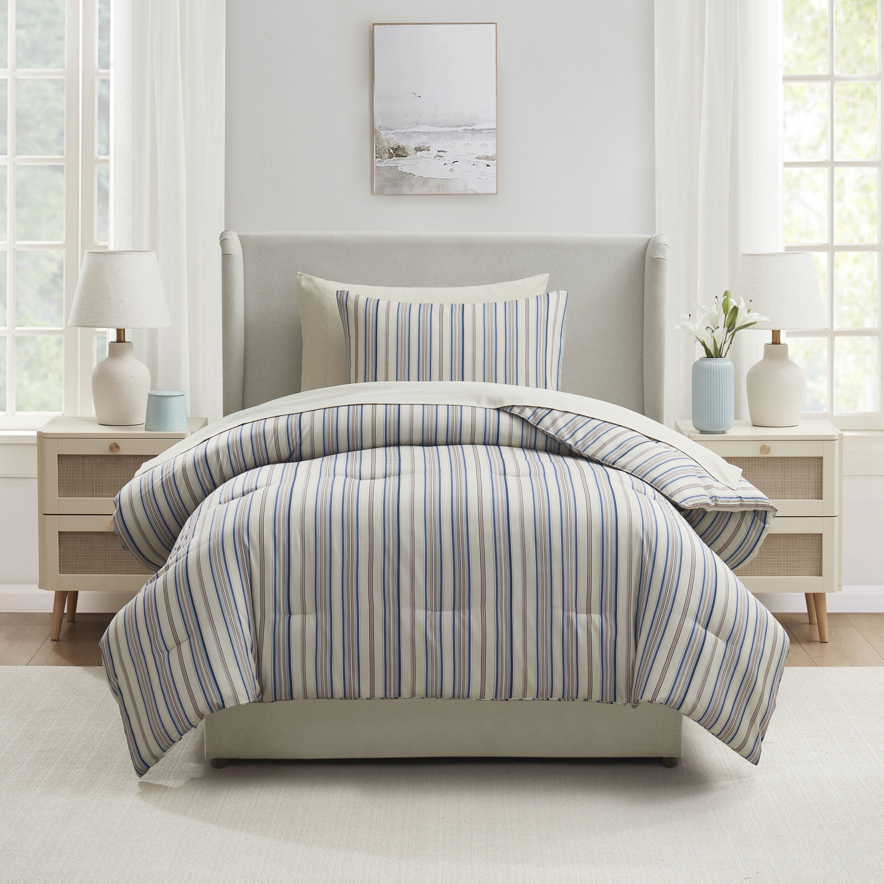 LammaLoe Twin XL Comforter Sets, 5 Piece Striped Bed in a Bag, Dorm Bedding Comforter Set with Sheets, Modern Bed Set, Off White