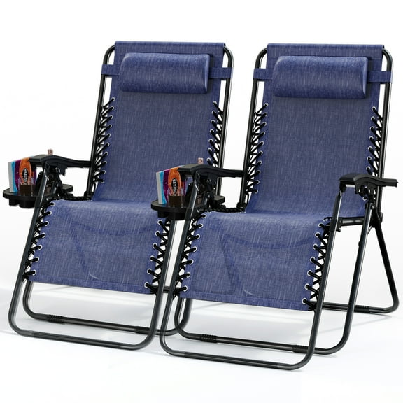 LammaLoe Zero Gravity Chair Set of 2, Outdoor Lounge Chairs with Cup Holder, Blue