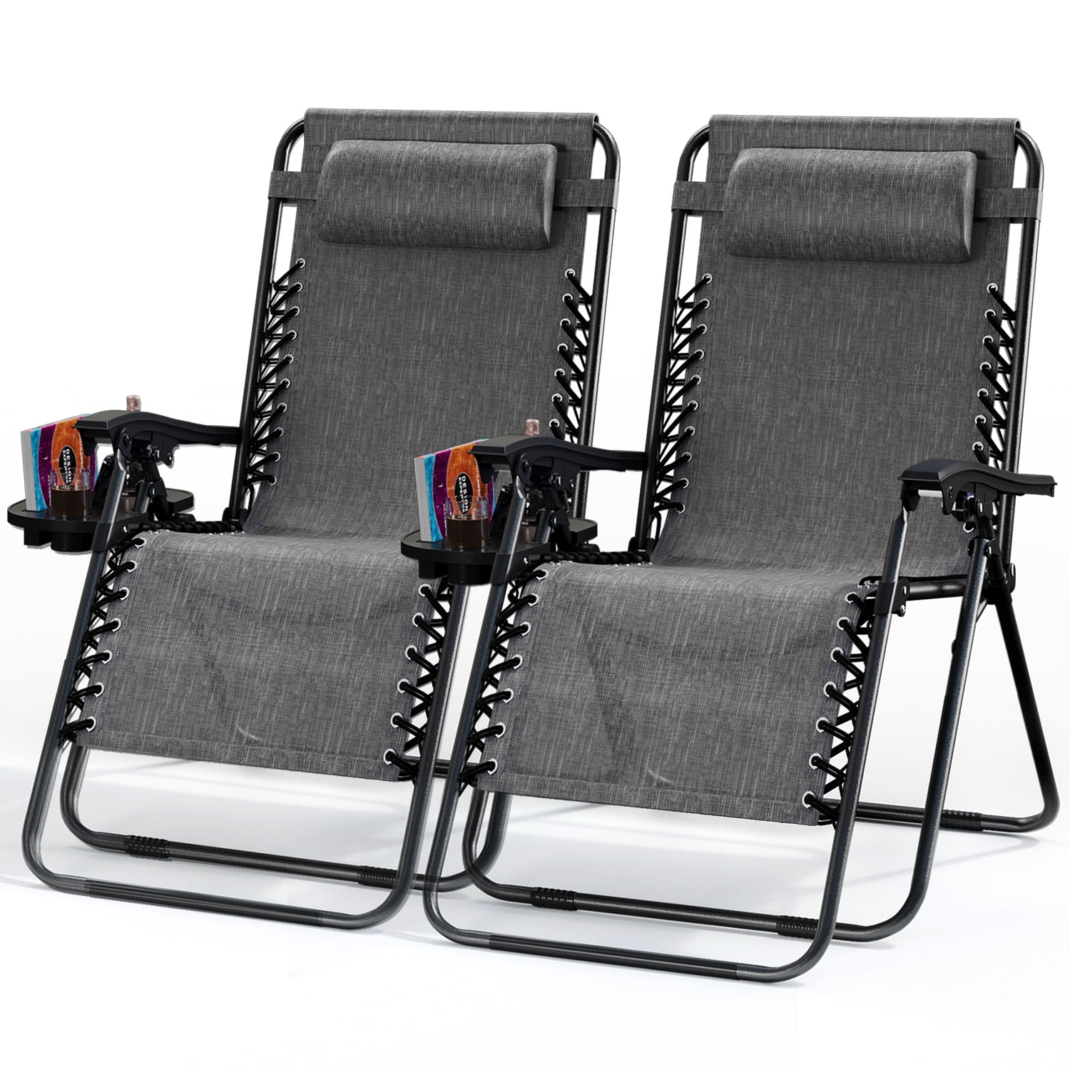 LammaLoe Zero Gravity Chair Set of 2, Outdoor Lounge Chairs with Cup Holder, Gray