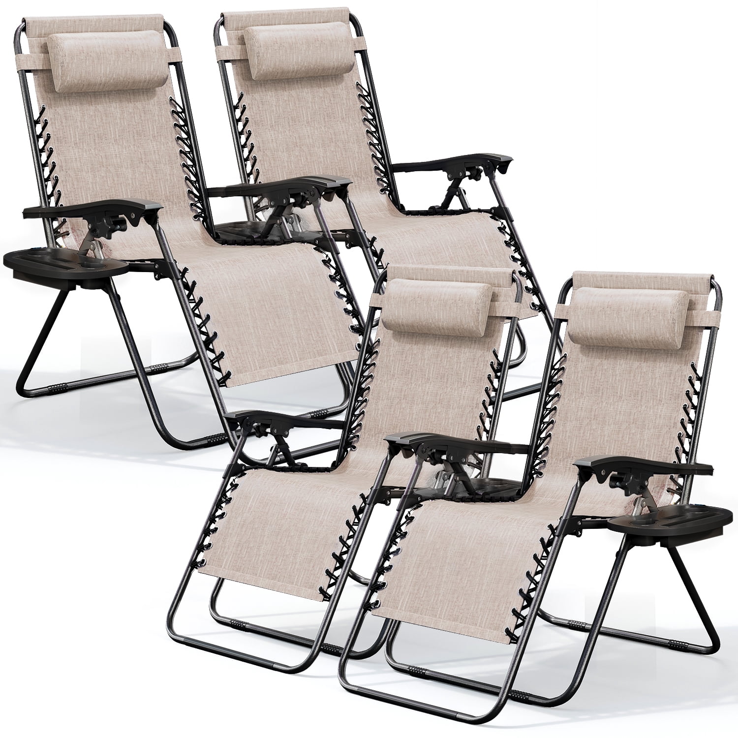 LammaLoe Zero Gravity Chair Set of 4, Outdoor Lounge Chairs with Cup Holder, Beige