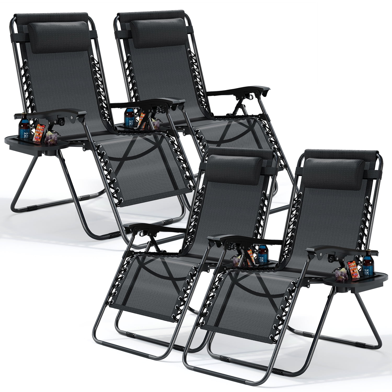 LammaLoe Zero Gravity Chair Set of 4, Outdoor Lounge Chairs with Cup Holder, Black