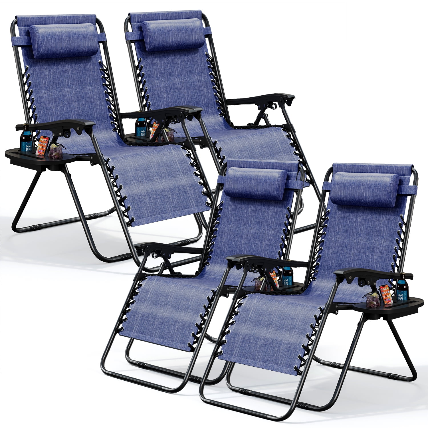 LammaLoe Zero Gravity Chair Set of 4, Outdoor Lounge Chairs with Cup Holder, Blue