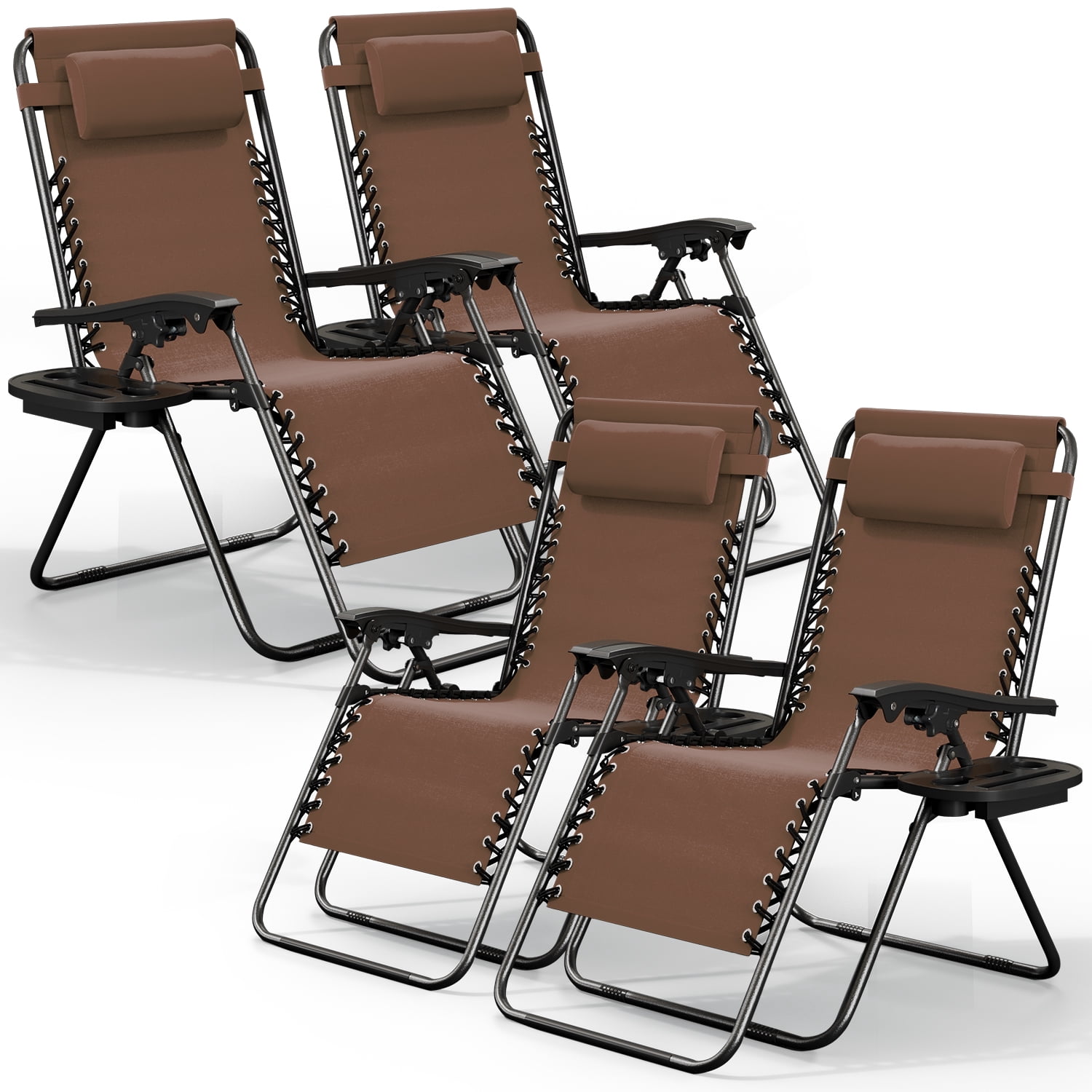 LammaLoe Zero Gravity Chair Set of 4, Outdoor Lounge Chairs with Cup Holder, Brown