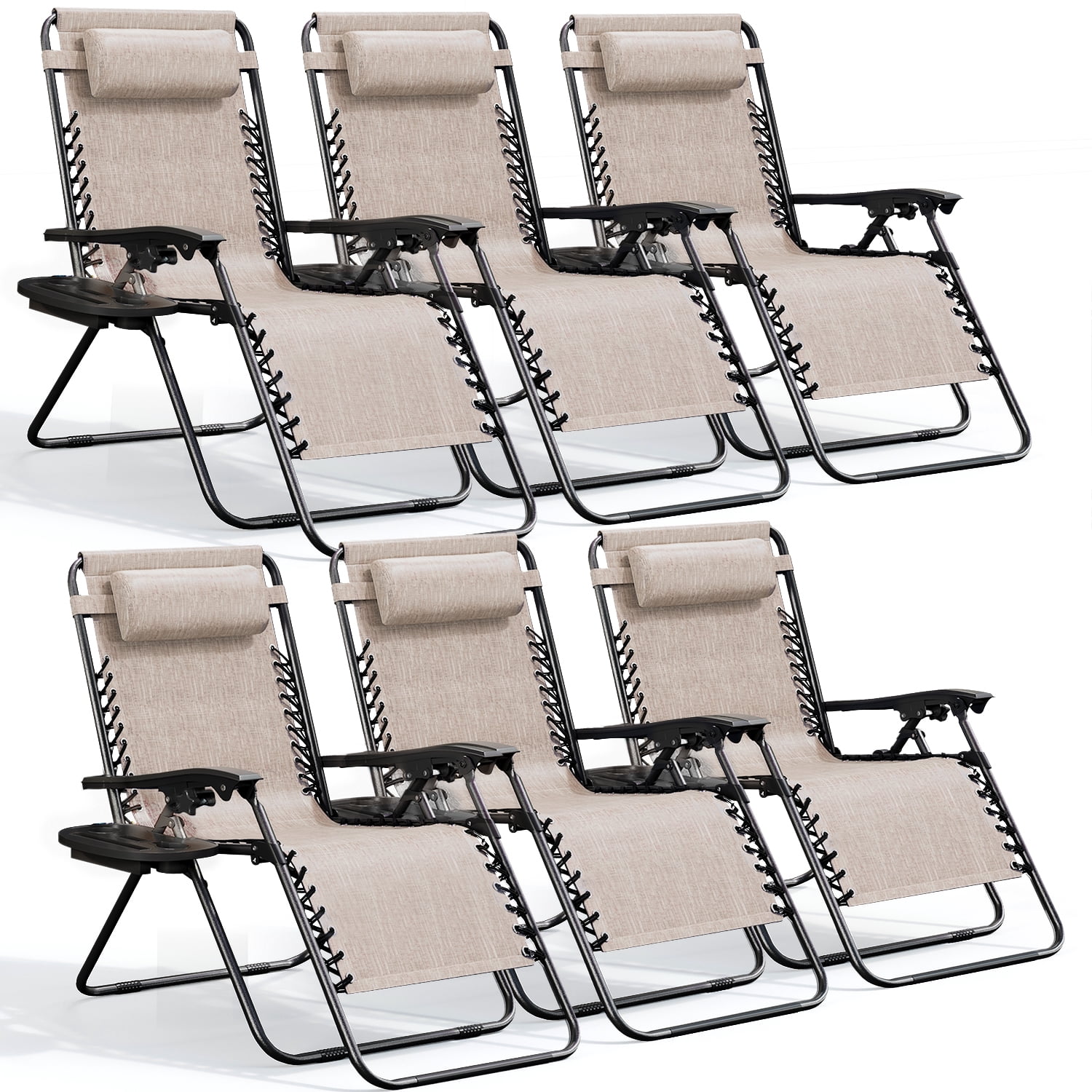 LammaLoe Zero Gravity Chair Set of 6, Outdoor Lounge Chairs with Cup Holder, Beige