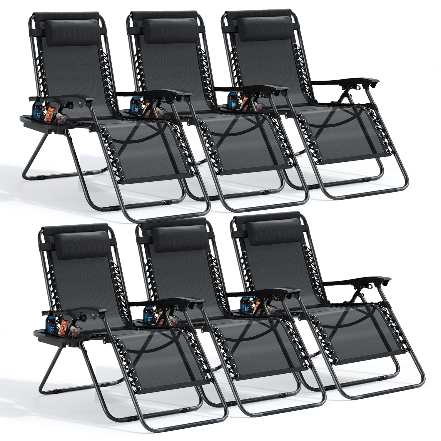 LammaLoe Zero Gravity Chair Set of 6, Outdoor Lounge Chairs with Cup Holder, Black