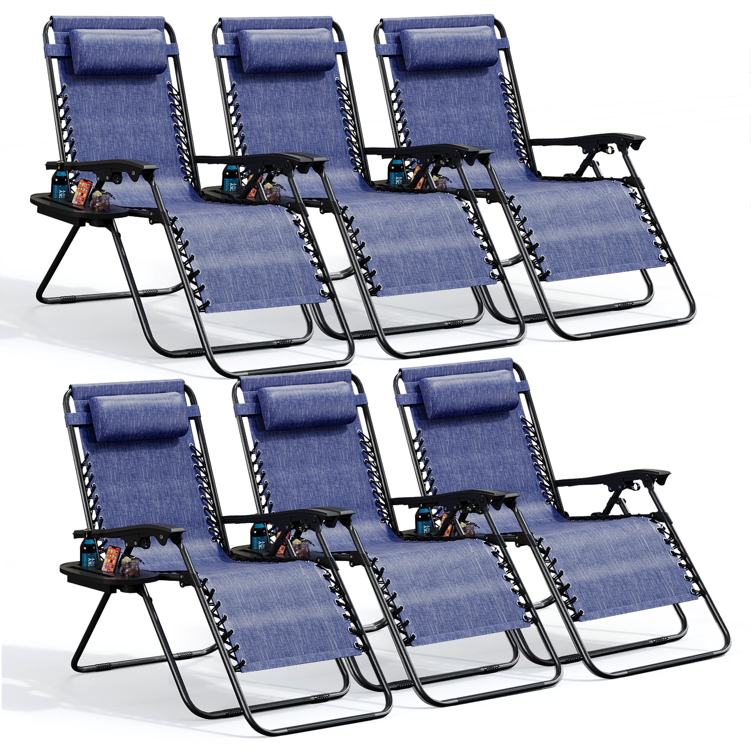 LammaLoe Zero Gravity Chair Set of 6, Outdoor Lounge Chairs with Cup Holder, Blue