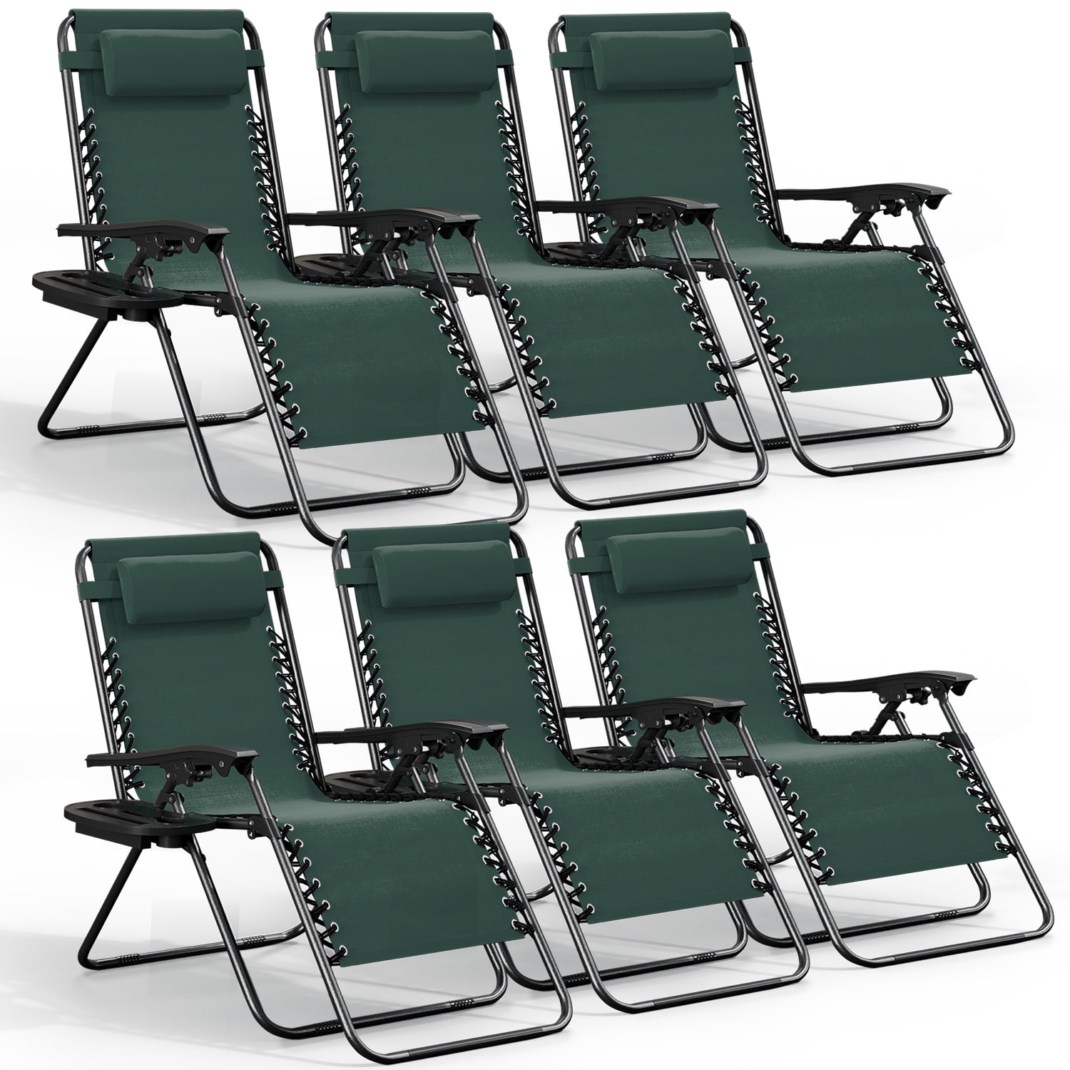LammaLoe Zero Gravity Chair Set of 6, Outdoor Lounge Chairs with Cup Holder, Forest Green