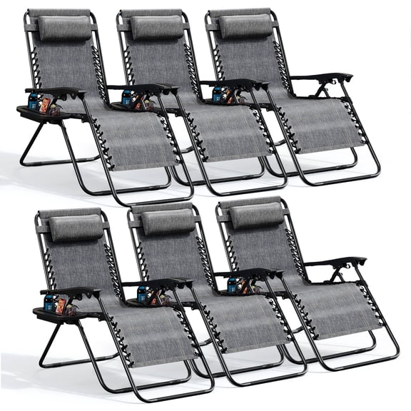 LammaLoe Zero Gravity Chair Set of 6, Outdoor Lounge Chairs with Cup Holder, Gray