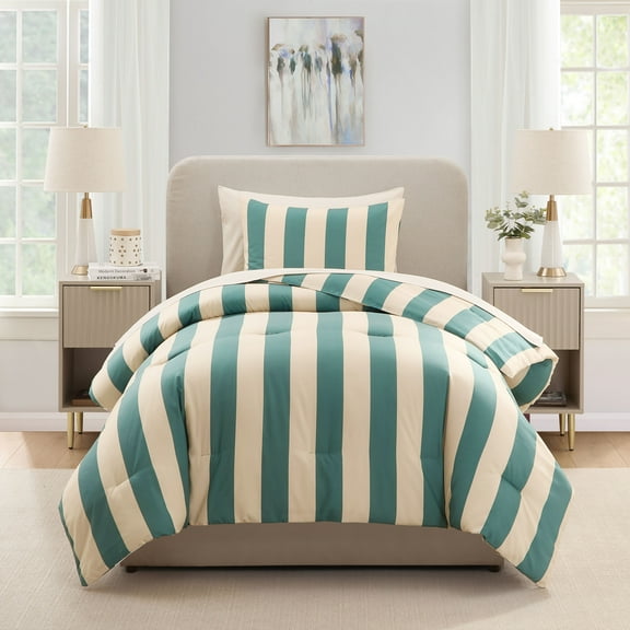 LammaLoeTwin Comforter Sets, 5 Piece Striped Bed in a Bag, Bedding Comforter Set with Sheets, Modern Bed Set, Green