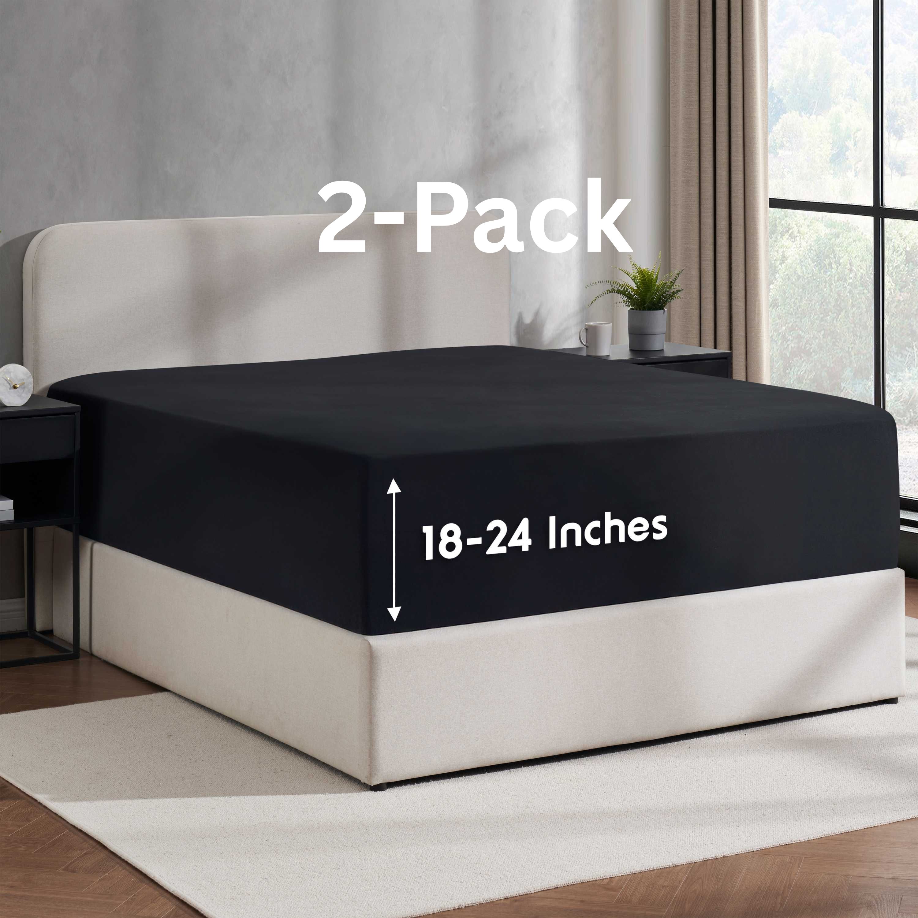 Lammaloe 2 Pack Extra Deep Pocket Queen Fitted Sheet Only, Fits 18" to 24" Mattress, Soft Microfiber Fitted Bed Sheet, Black