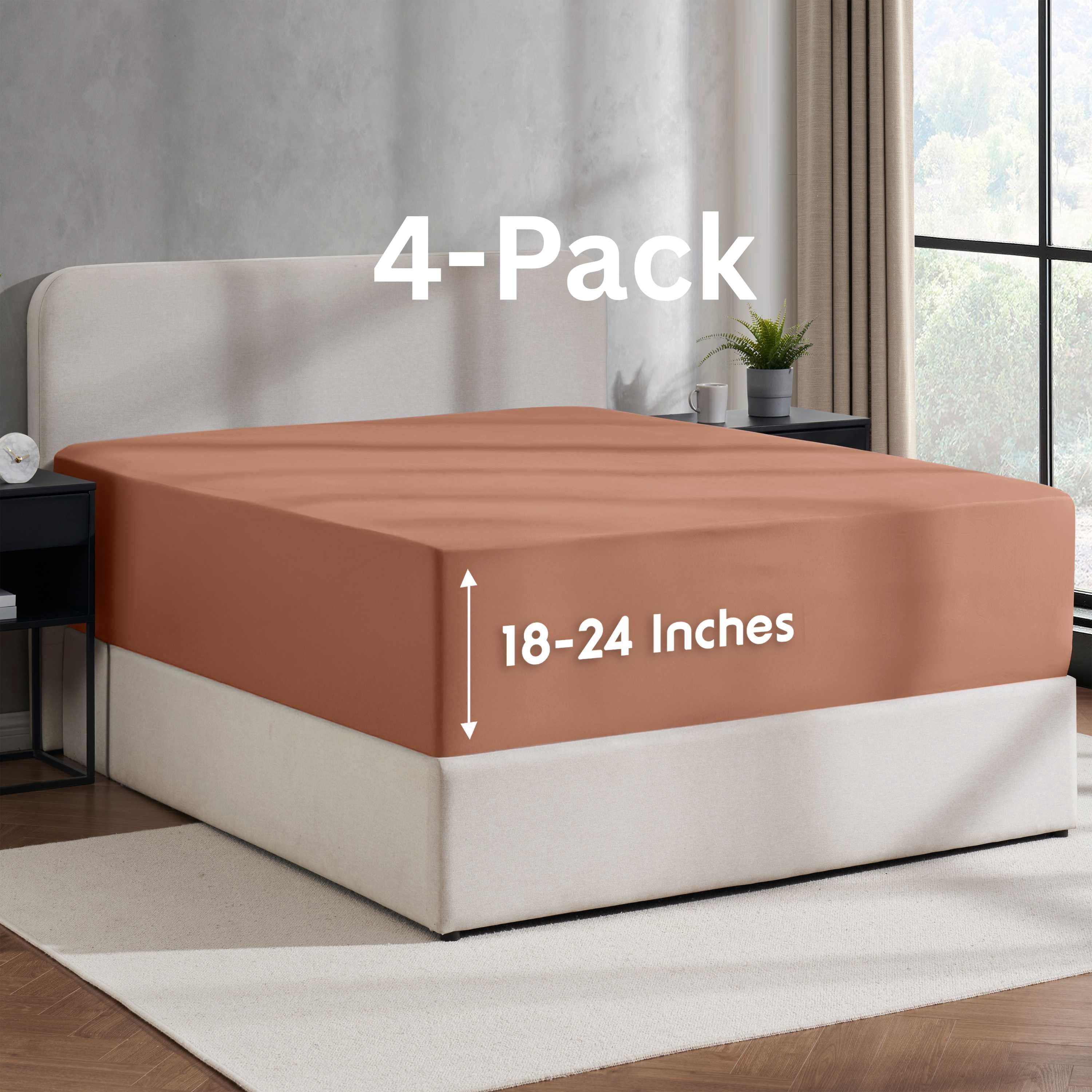 Lammaloe 4 Pack Extra Deep Pocket King Fitted Sheet Only, Fits 18" to 24" Mattress, Soft Microfiber Fitted Bed Sheet, Rust Sienna