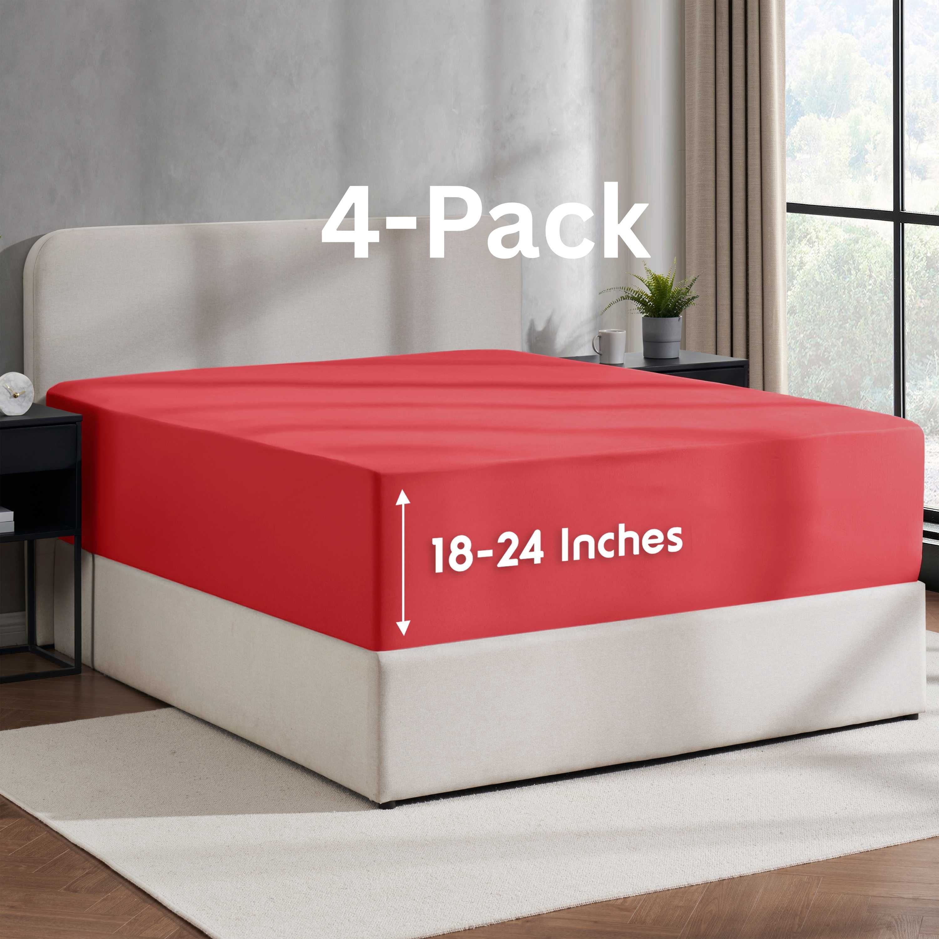Lammaloe 4 Pack Extra Deep Pocket Queen Fitted Sheet Only, Fits 18" to 24" Mattress, Soft Microfiber Fitted Bed Sheet, Burgundy Red