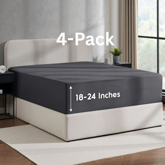 Lammaloe 4 Pack Extra Deep Pocket Queen Fitted Sheet Only, Fits 18" to 24" Mattress, Soft Microfiber Fitted Bed Sheet, Charcoal Gray