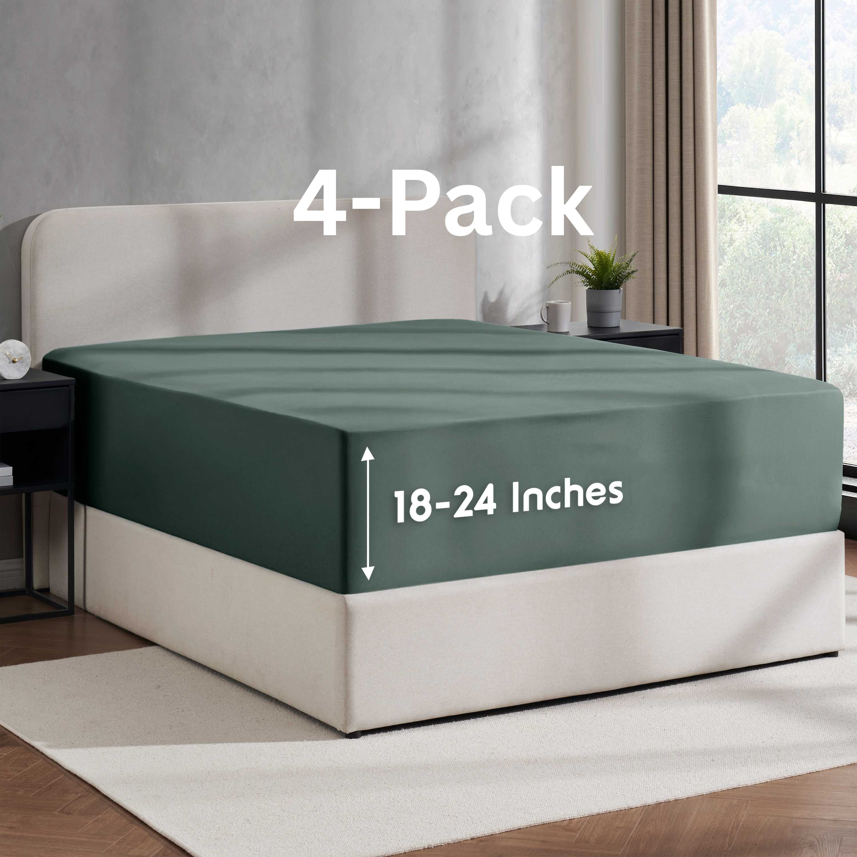 Lammaloe 4 Pack Extra Deep Pocket Queen Fitted Sheet Only, Fits 18" to 24" Mattress, Soft Microfiber Fitted Bed Sheet, Forest Green