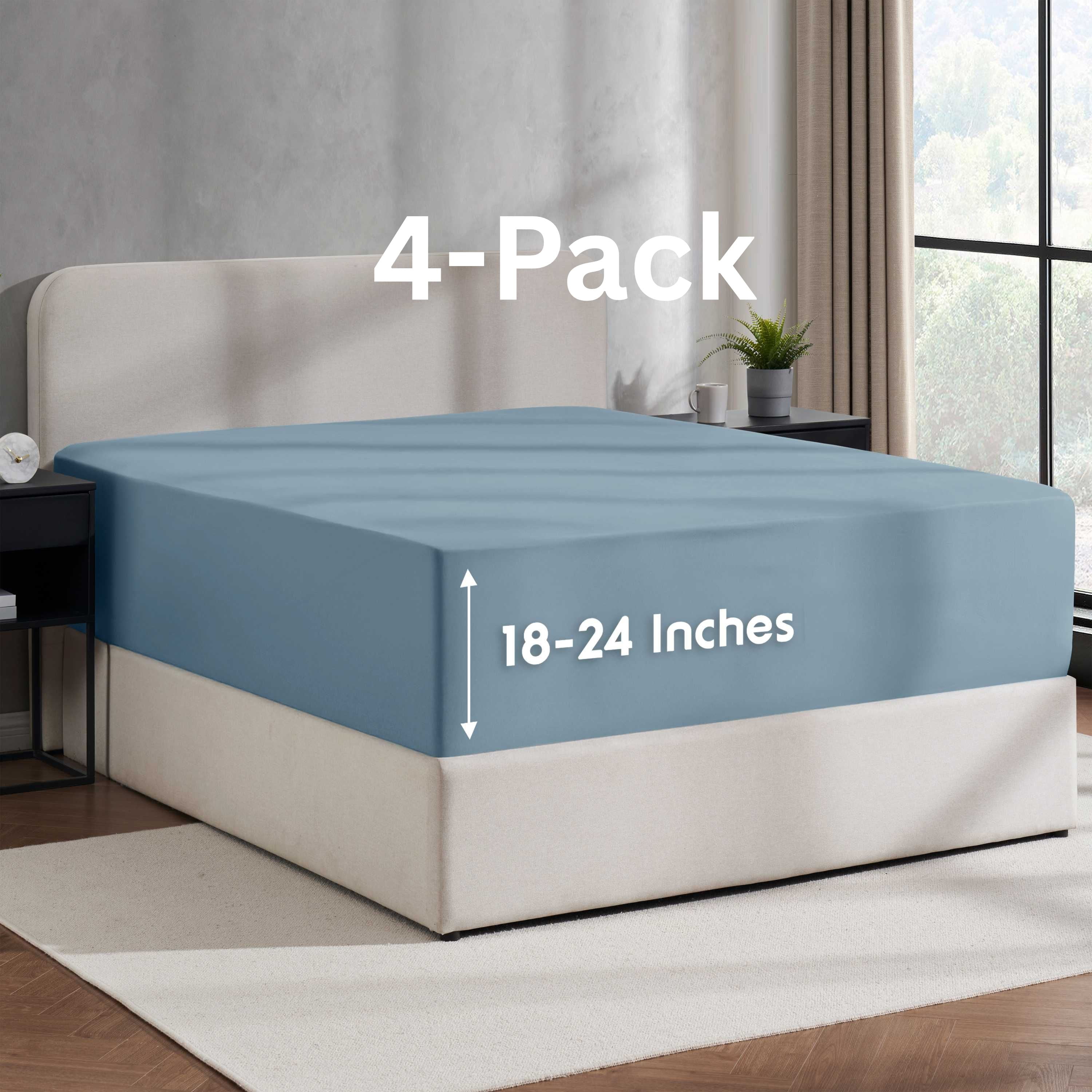 Lammaloe 4 Pack Extra Deep Pocket Queen Fitted Sheet Only, Fits 18" to 24" Mattress, Soft Microfiber Fitted Bed Sheet, Stone Blue