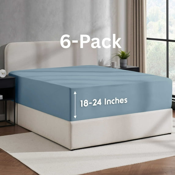 Lammaloe 6 Pack Extra Deep Pocket King Fitted Sheet Only, Fits 18" to 24" Mattress, Soft Microfiber Fitted Bed Sheet, Stone Blue