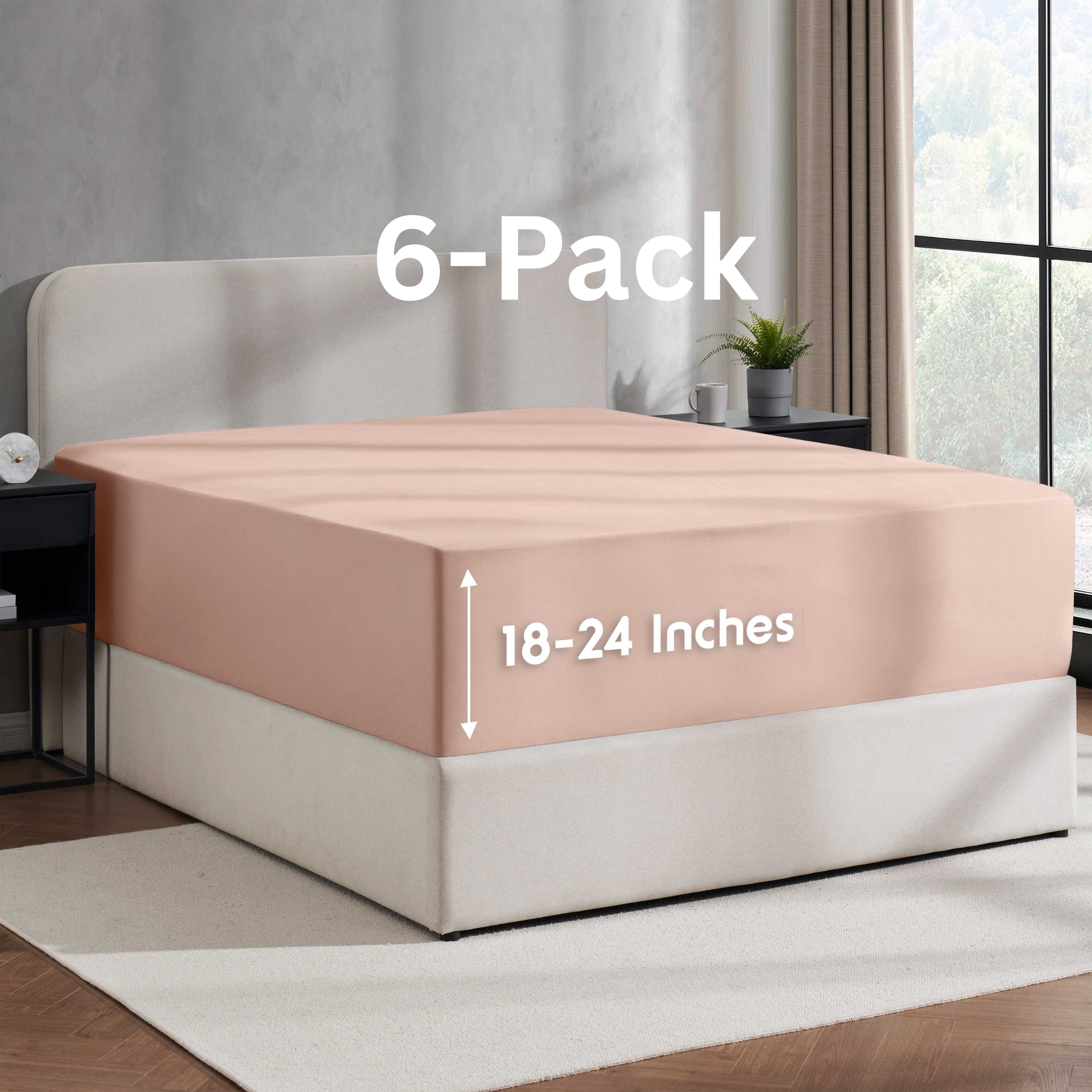 Lammaloe 6 Pack Extra Deep Pocket Queen Fitted Sheet Only, Fits 18" to 24" Mattress, Soft Microfiber Fitted Bed Sheet, Peach Beige