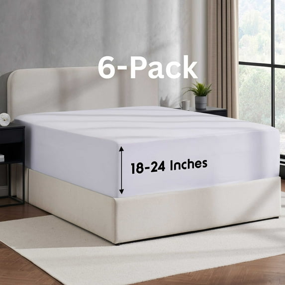 Lammaloe 6 Pack Extra Deep Pocket Queen Fitted Sheet Only, Fits 18" to 24" Mattress, Soft Microfiber Fitted Bed Sheet, White