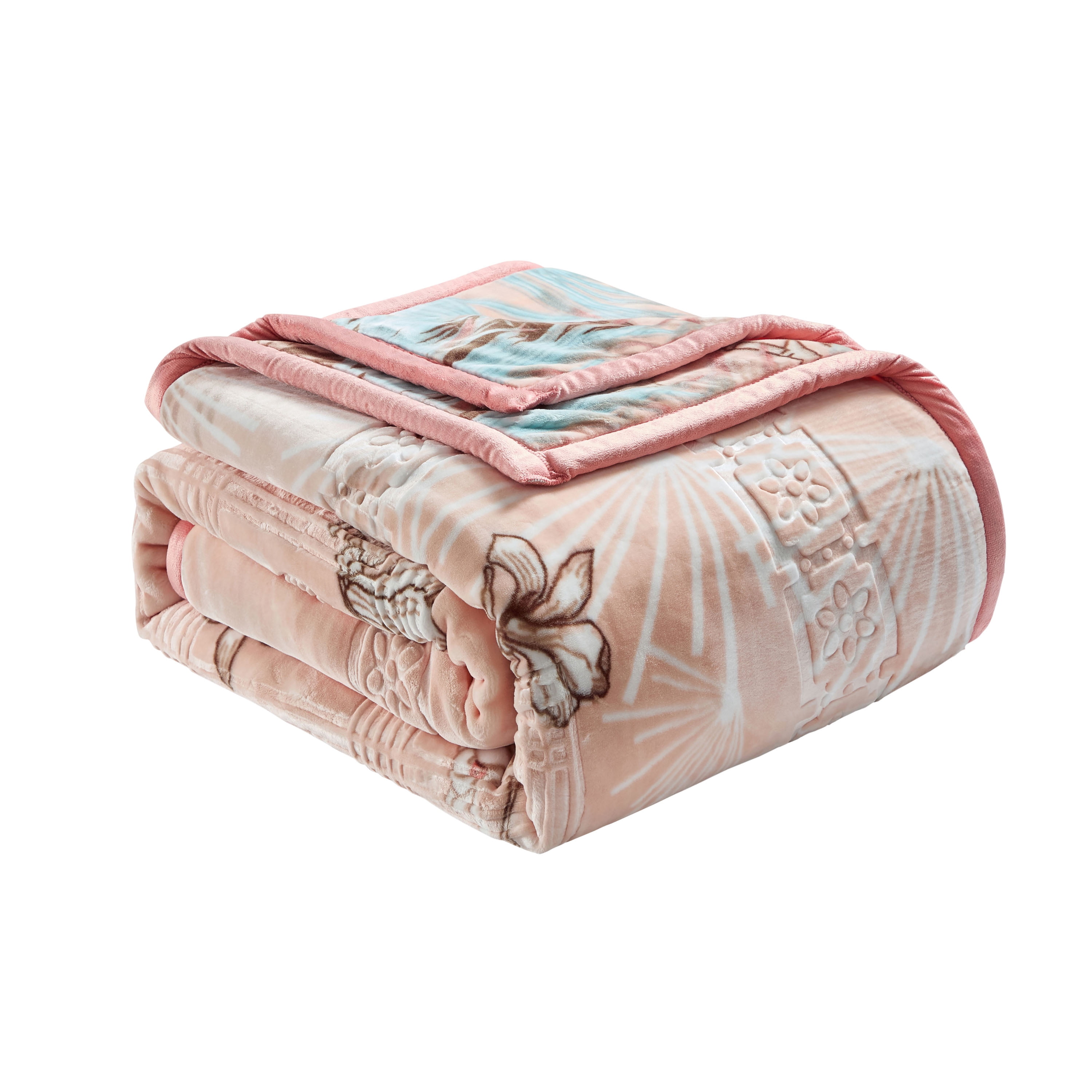 Lammaloe Queen Size Korean Mink Fleece Blanket for Winter, 9 lbs, 79" x 94", Heavy 2-Ply Warm Heavyweight Raschel Bed Blankets, Reversible Printed, Peach