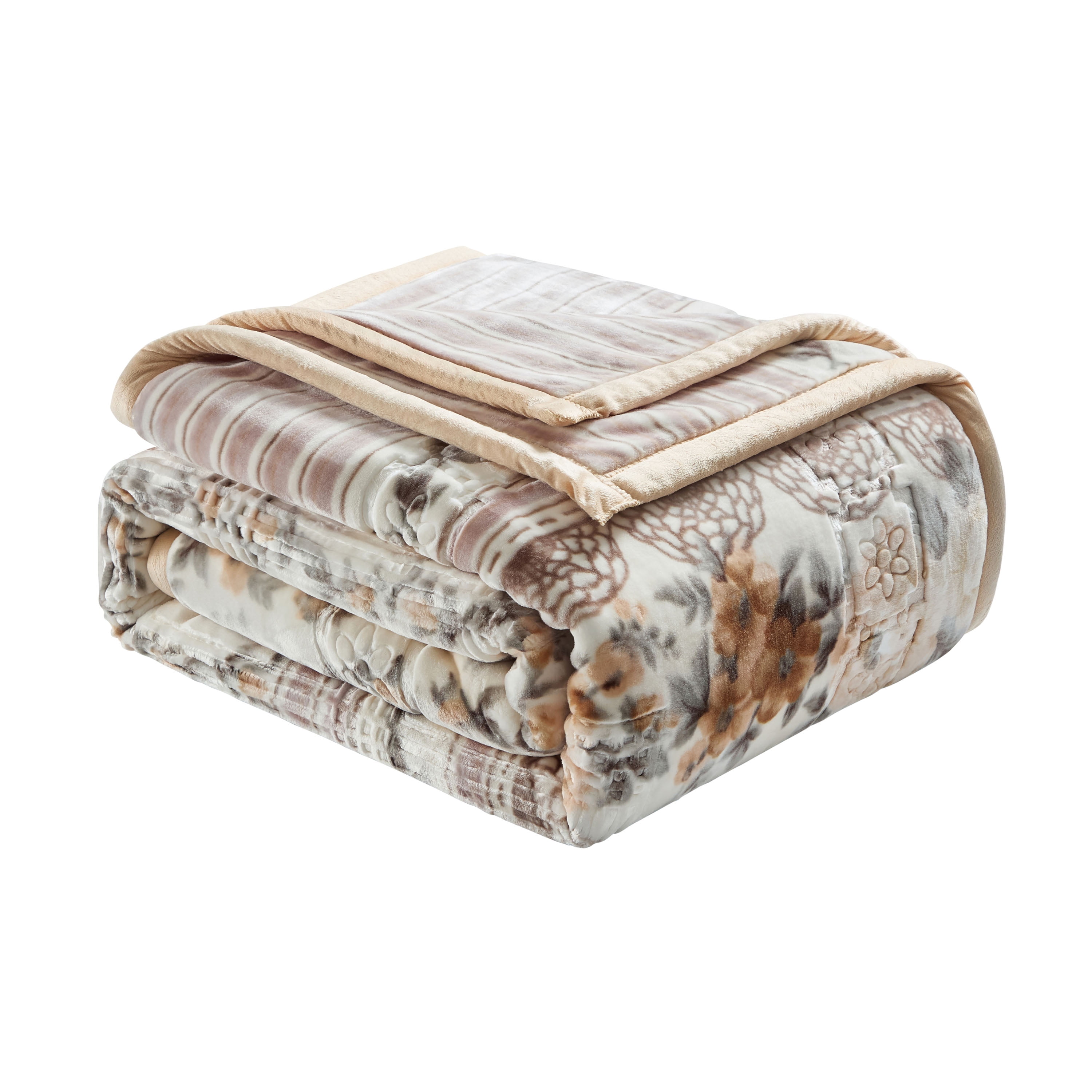 Lammaloe Queen Size Korean Mink Fleece Blanket for Winter, 9 lbs, 79" x 94", Heavy 2-Ply Warm Heavyweight Raschel Bed Blankets, Reversible Printed, Beige Floral