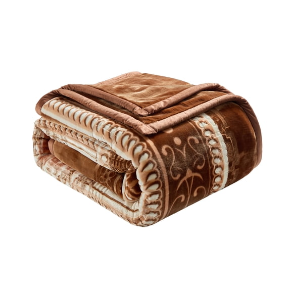 Lammaloe Queen Size Korean Mink Fleece Blanket for Winter, 9 lbs, 79" x 94", Heavy 2-Ply Warm Heavyweight Raschel Bed Blankets, Reversible Printed, Brown