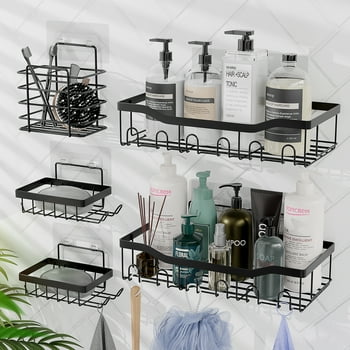 Lammaloe Adhesive Steel Shower Caddy Organizer, Bathroom Accessories Rustproof Shower Caddy Bathroom Organizer 5 Pack, Black