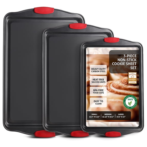 LammaLoe Baking Pans Carbon Steel, Non Stick Cookie Sheet Set with Silicone Handle, Baking Sheet, 3 Piece, Black