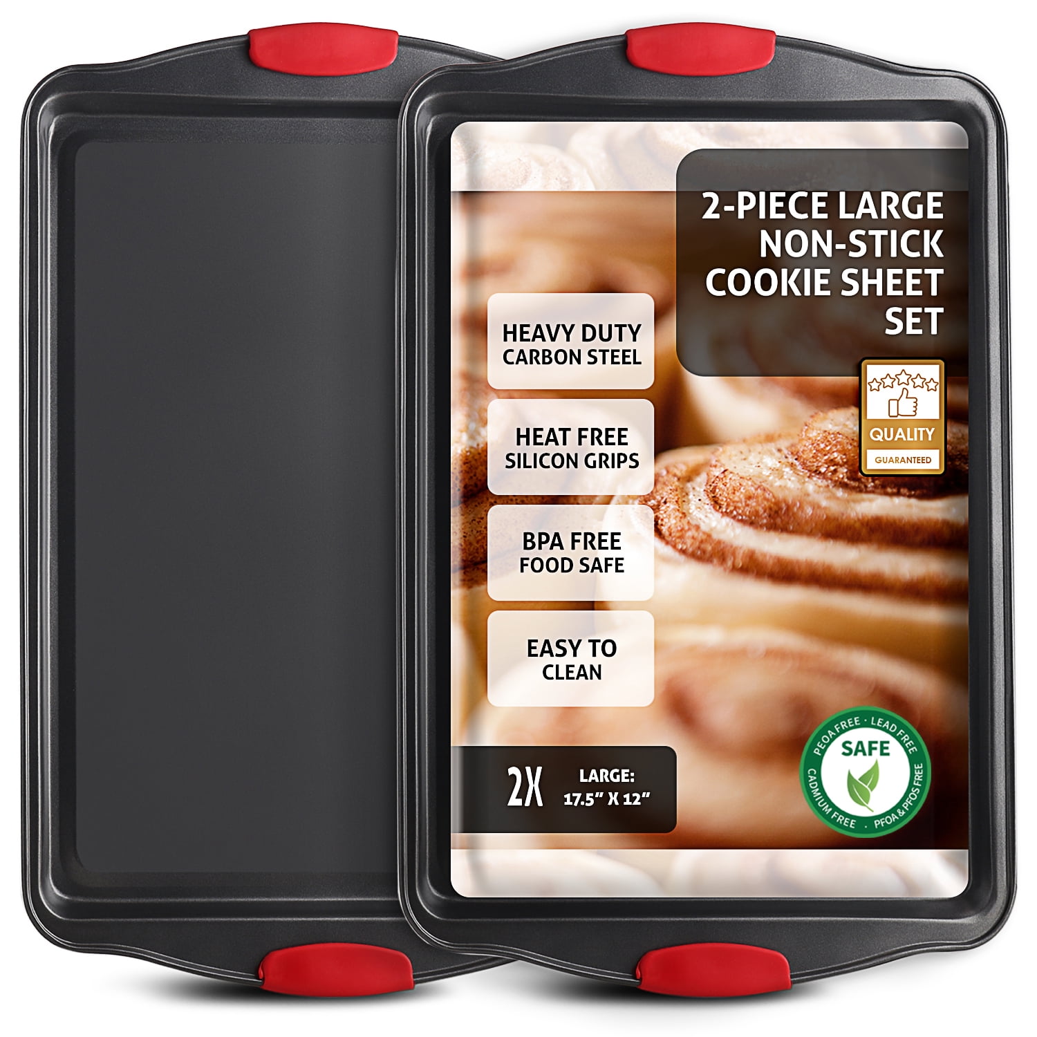LammaLoe Baking Pans Carbon Steel, Non Stick Cookie Sheet Set with Silicone Handle, Baking Sheet, 2 Large Pieces, Black