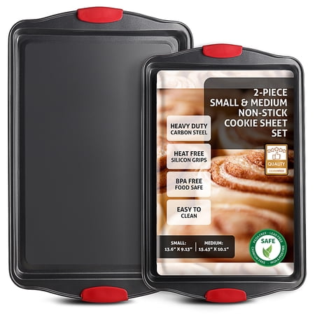 LammaLoe Baking Pans Carbon Steel, Non Stick Cookie Sheet Set with Silicone Handle, Baking Sheet, Small & Medium, Black