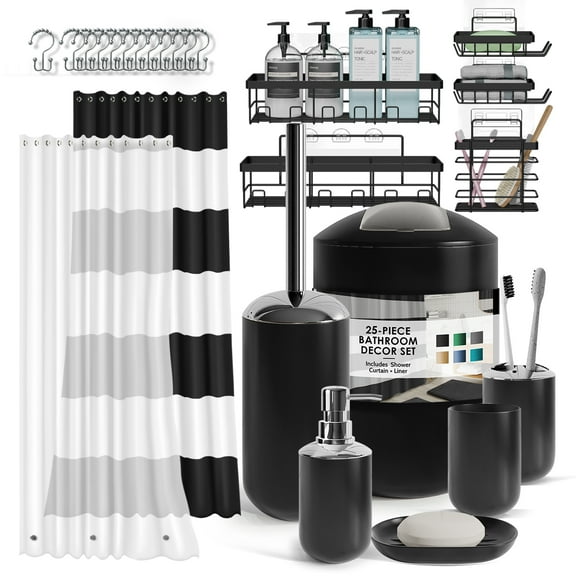 Lammaloe Modern Black Bathroom Accessory Set with Shower Curtain