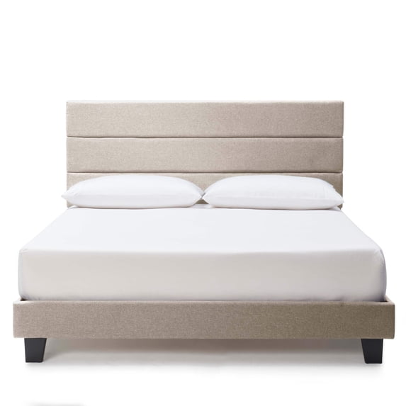 Lammaloe Full Size Platform Bed Frame with Horizontal Channel Upholstered Headboard, Beige, Full