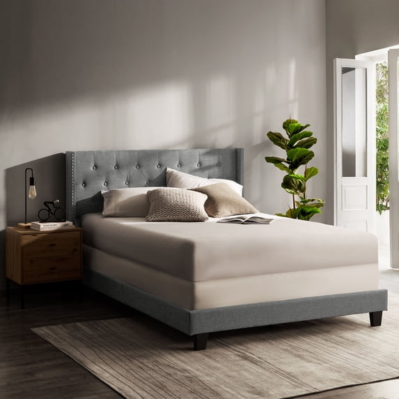 Lammaloe Full Size Platform Bed Frame with Wingback Diamond Upholstered Headboard, Silver, Full