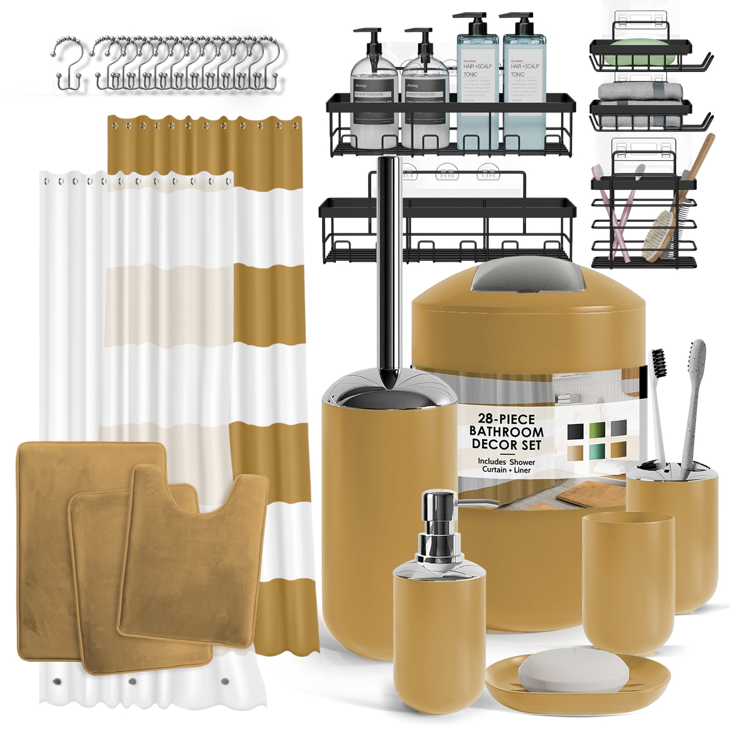 Lammaloe Gold Bathroom Accessory Set with Shower Curtains and Rugs