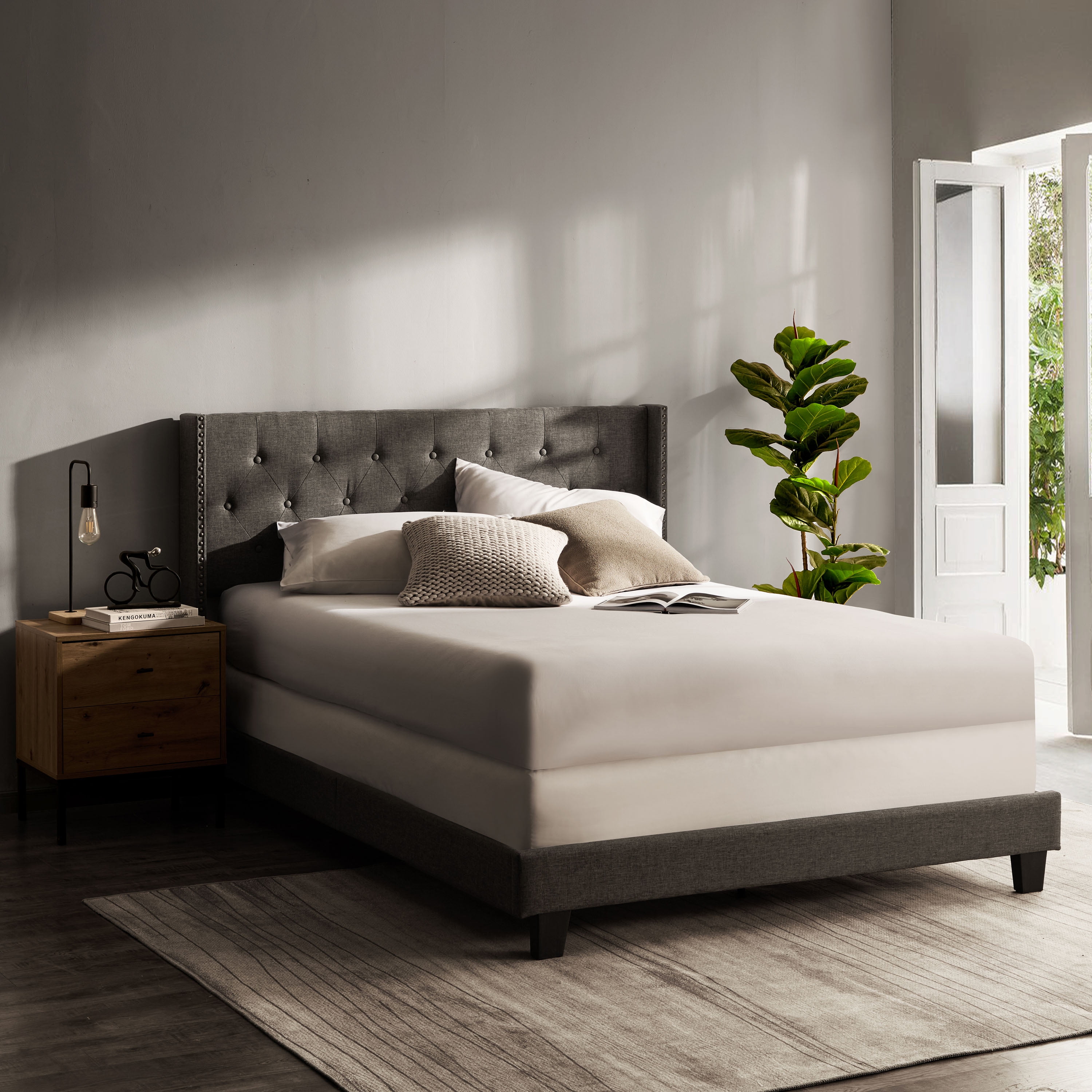 Lammaloe King Size Platform Bed Frame with Wingback Diamond Upholstered Headboard, Grey, King