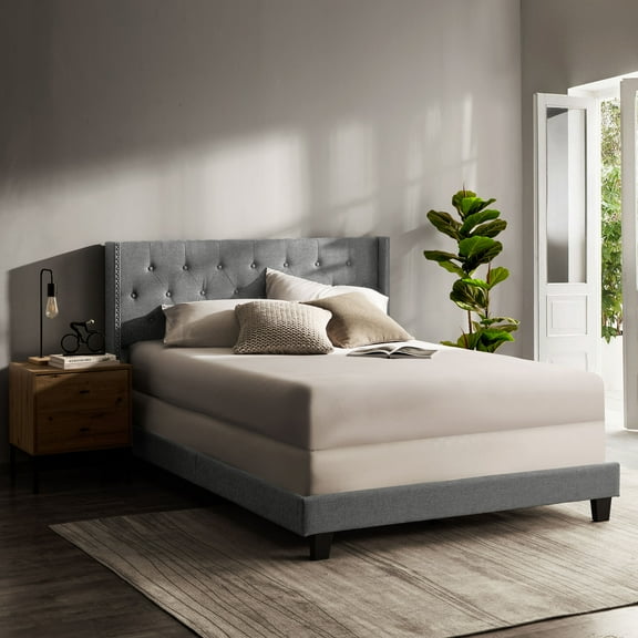 Lammaloe King Size Platform Bed Frame with Wingback Diamond Upholstered Headboard, Silver, King