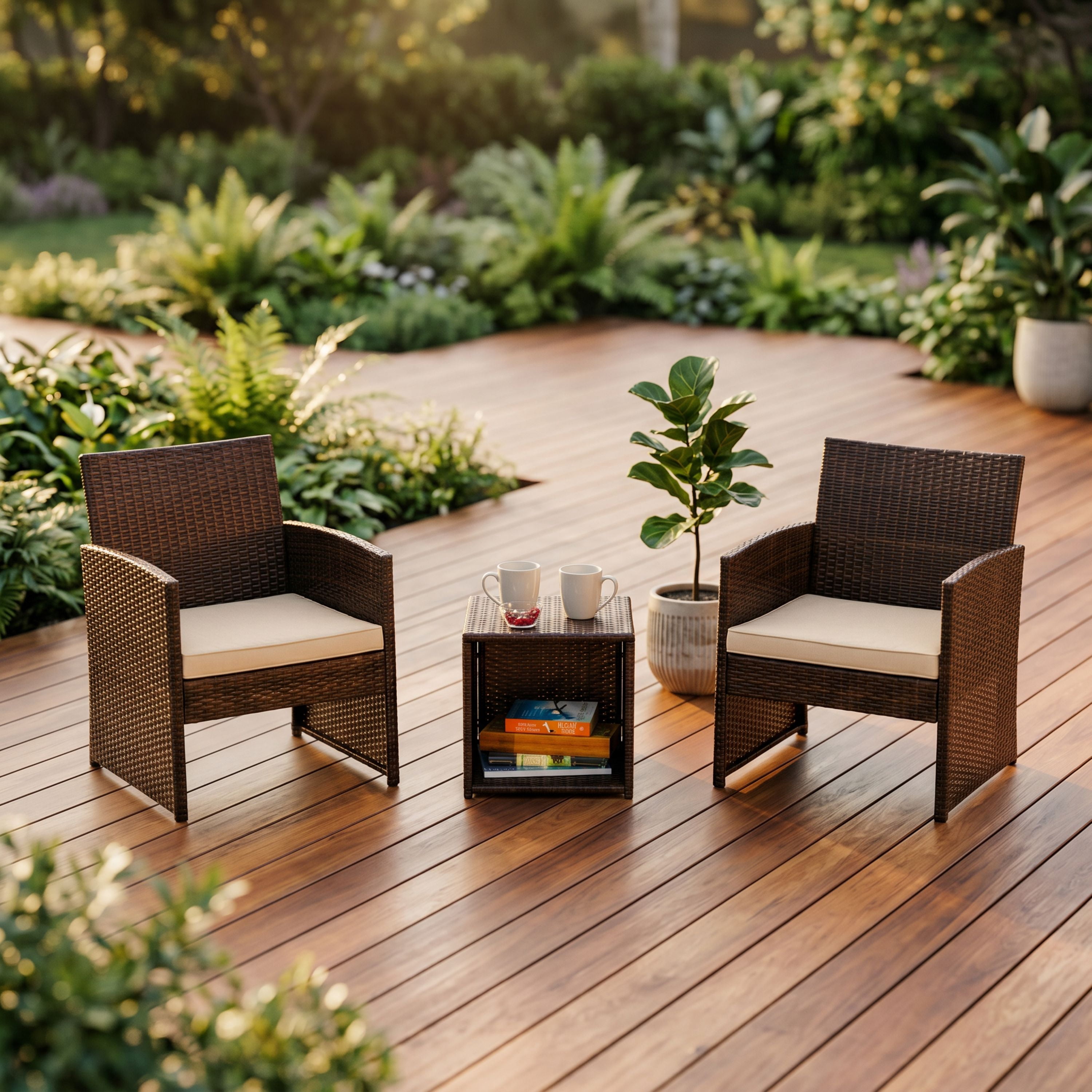 Lammaloe Outdoor Patio Furniture Sets 3 Piece, Outdoor Furniture with 2 Chairs & Storage Side Table, Porch Furniture Patio Set, Brown/Beige