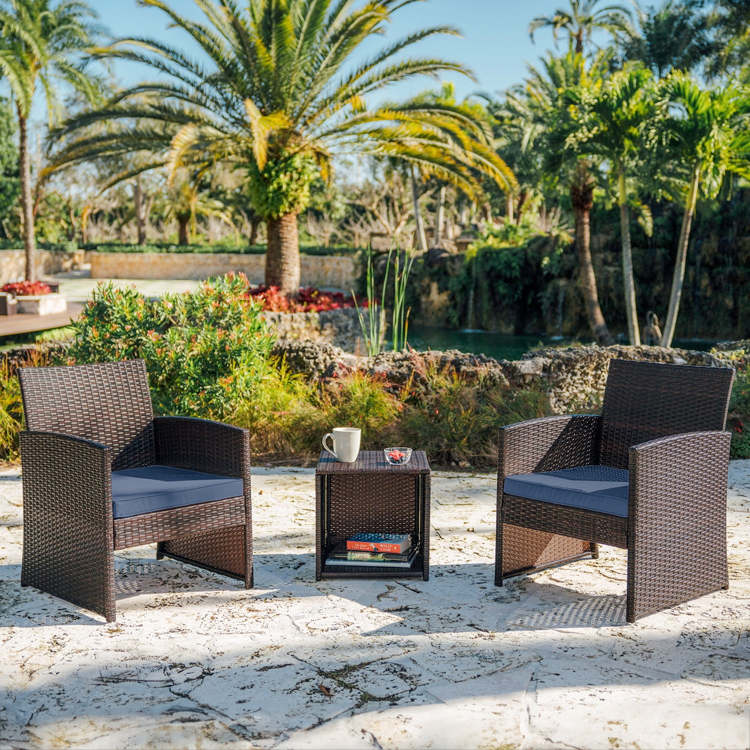 Lammaloe Outdoor Patio Furniture Sets 3 Piece Outdoor Furniture with 2 Chairs & Storage Side Table, Porch Furniture Patio Set, Gray/Navy Blue