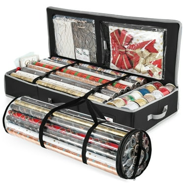 Lammaloe Set of Holiday Christmas Wrapping Paper & Holiday Accessories Storage Box - 40 x 14 x 6 inch Plus Wrapping Paper Storage Bag, Slim Underbed design Gift Wrap Organizer, Black