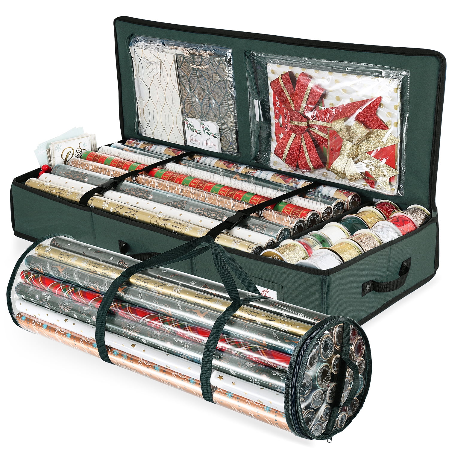 LAMMALOE Set of Holiday Christmas Wrapping Paper Storage Box and Storage Bag, 600D Oxford Fabric, Underbed Slim Design, Green