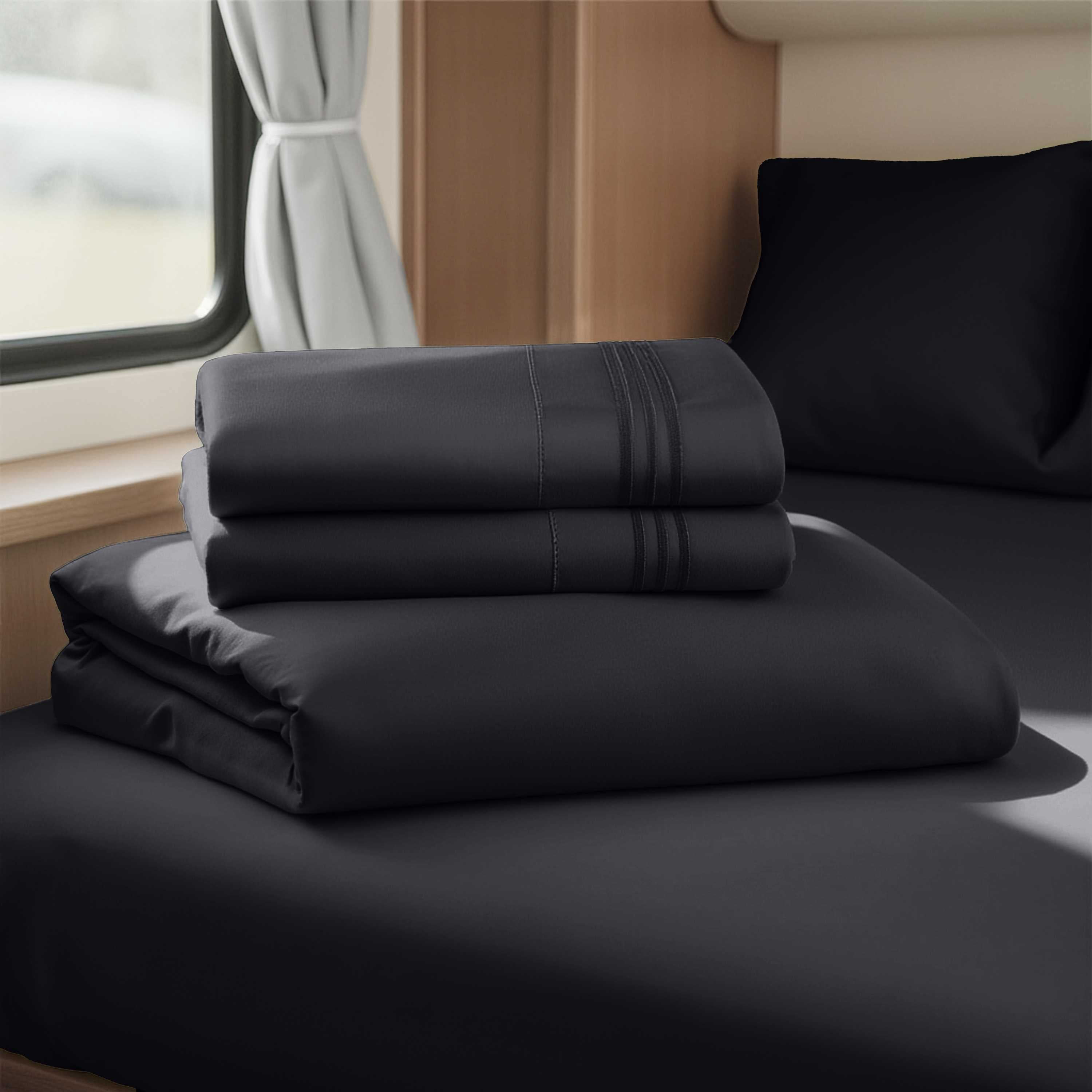 Lammaloe Sheets Set, Hotel Style Deep Pocket 4 Piece Bed Sheets, Luxury Soft Microfiber RV Short Queen Sheets Set, Black