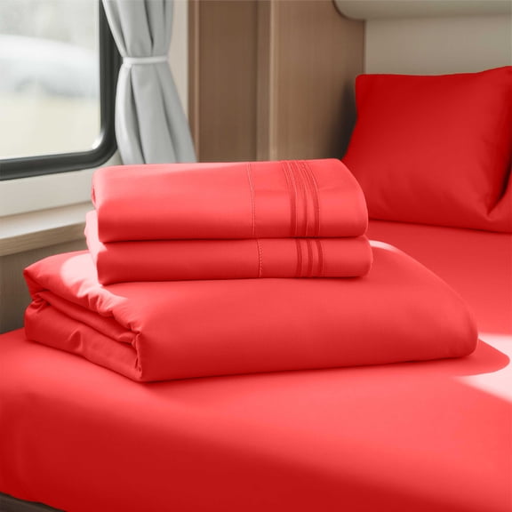 Lammaloe Sheets Set, Hotel Style Deep Pocket 4 Piece Bed Sheets, Luxury Soft Microfiber RV Short Queen Sheets Set, Cherry Red