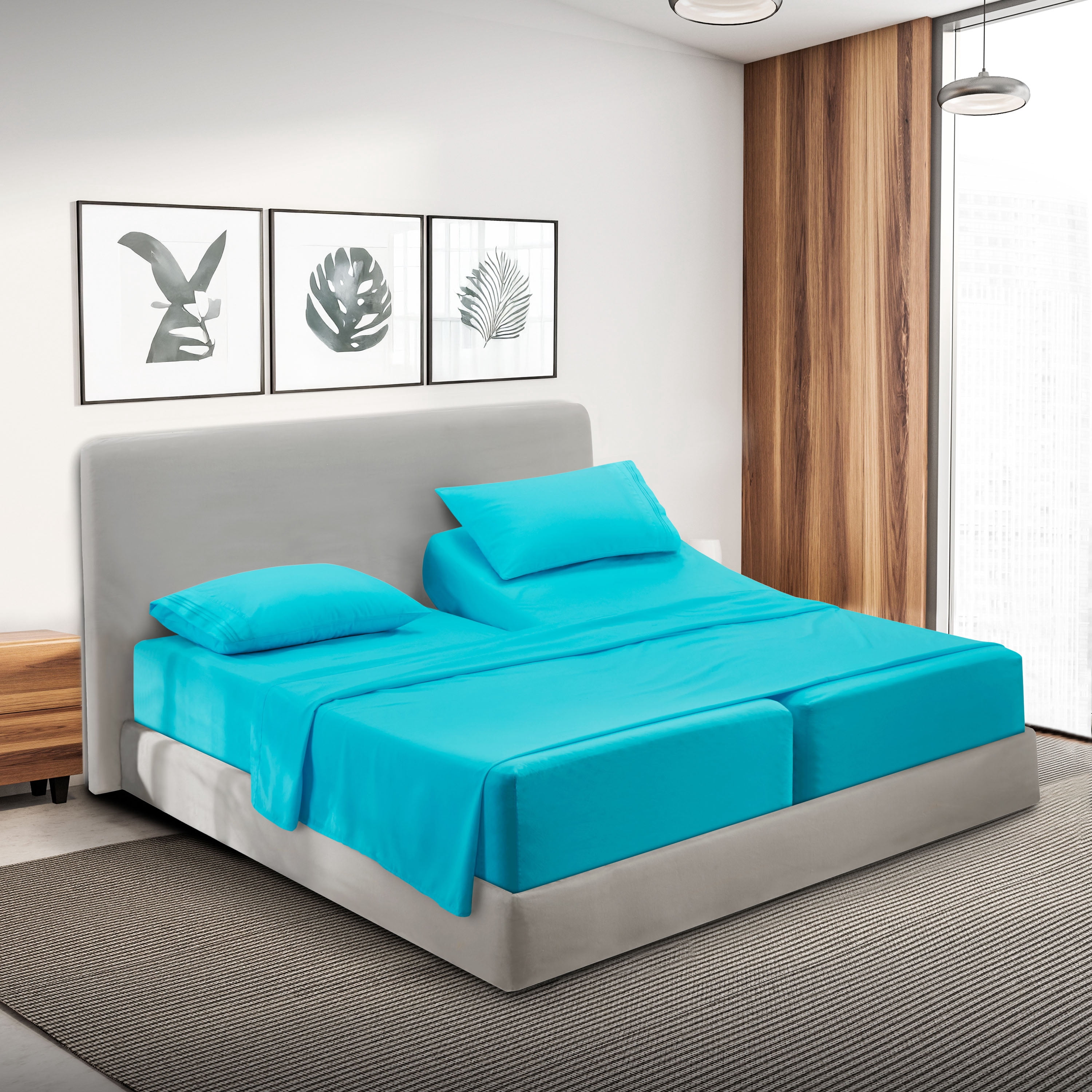 Lammaloe Split King Sheets Set, Hotel Style Deep Pocket 5 Piece Bed Sheets, Luxury Soft Microfiber Sheet Sets, Beach Blue
