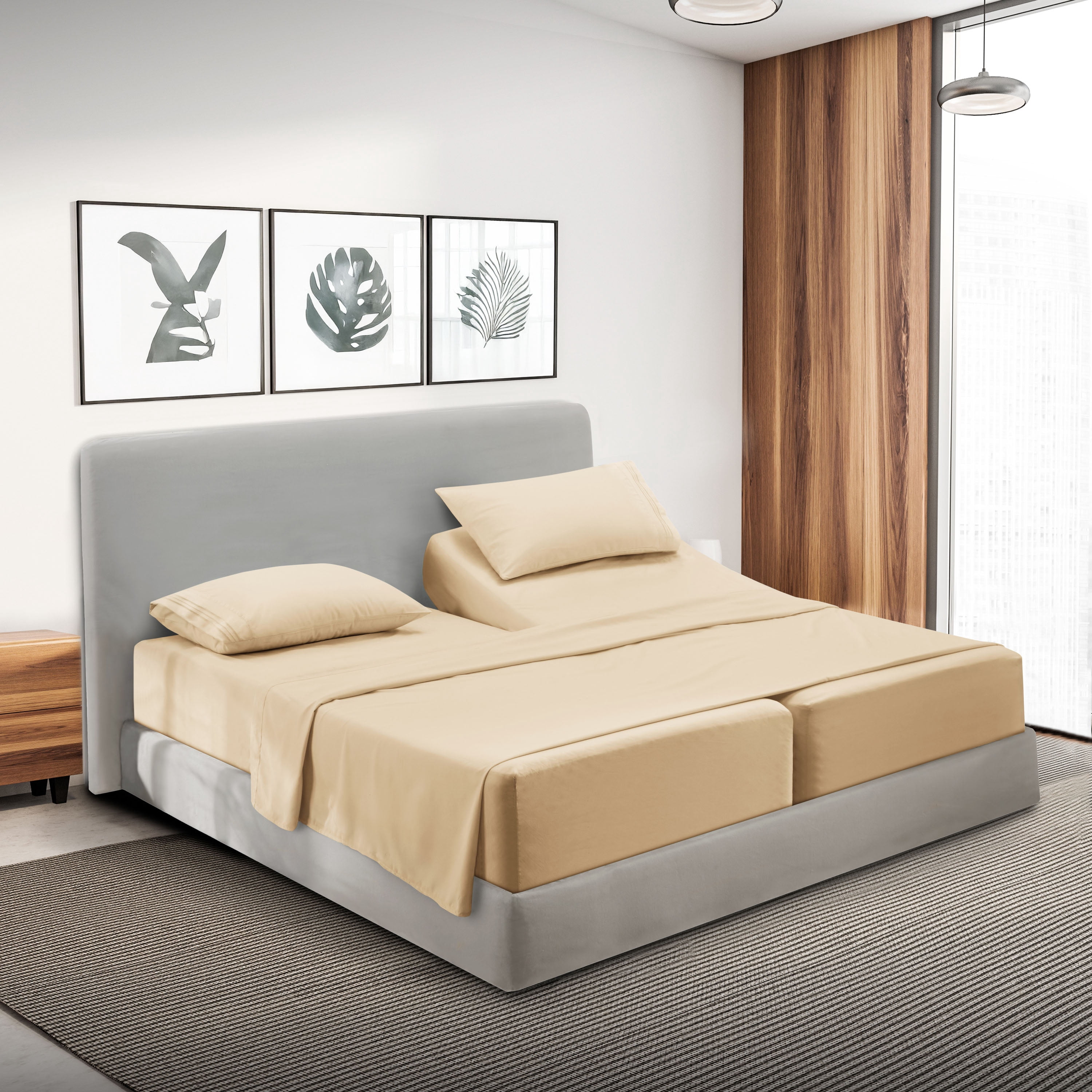 Lammaloe Split King Sheets Set, Hotel Style Deep Pocket 5 Piece Bed Sheets, Luxury Soft Microfiber Sheet Sets, Beige Cream