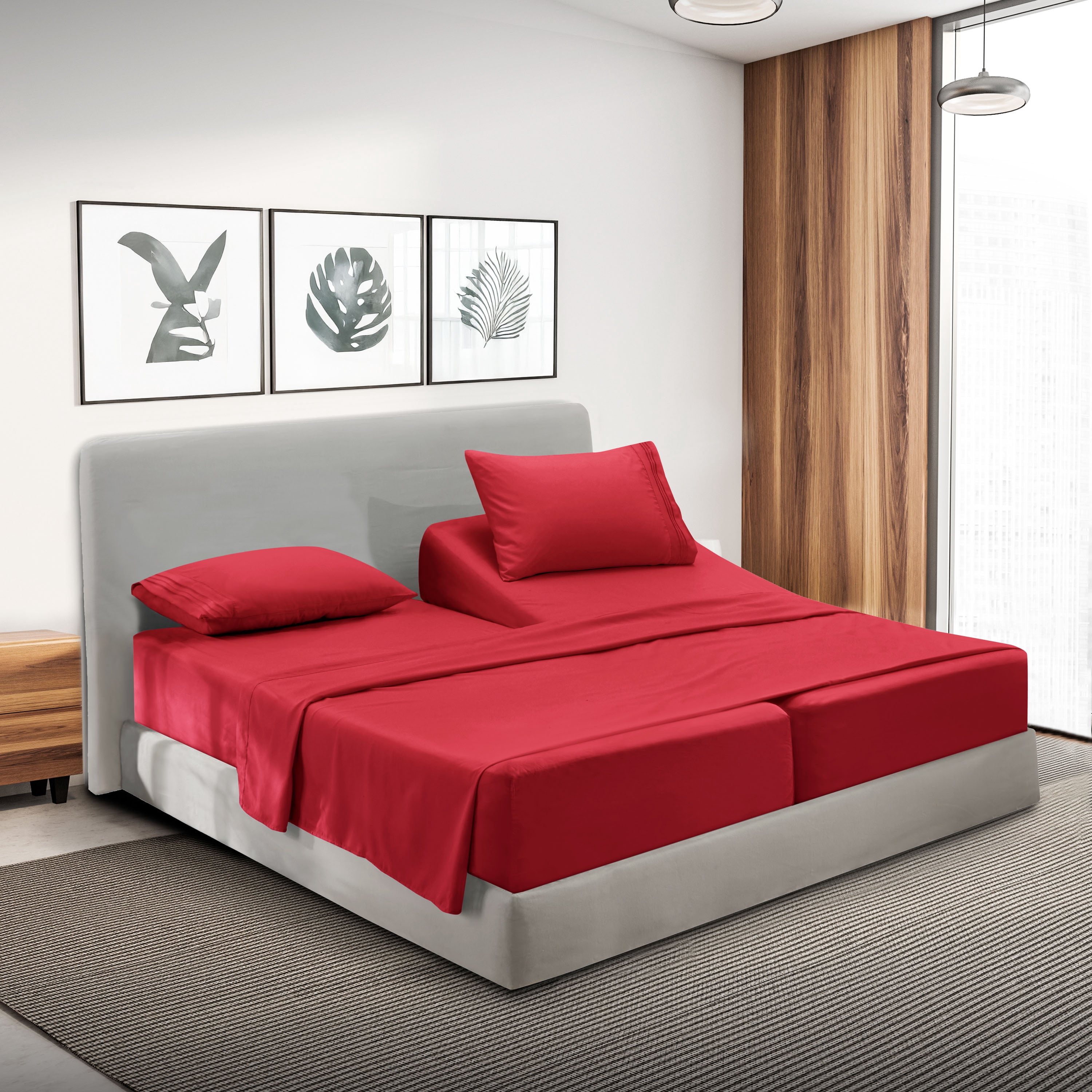 Lammaloe Split King Sheets Set, Hotel Style Deep Pocket 5 Piece Bed Sheets, Luxury Soft Microfiber Sheet Sets, Burgundy Red