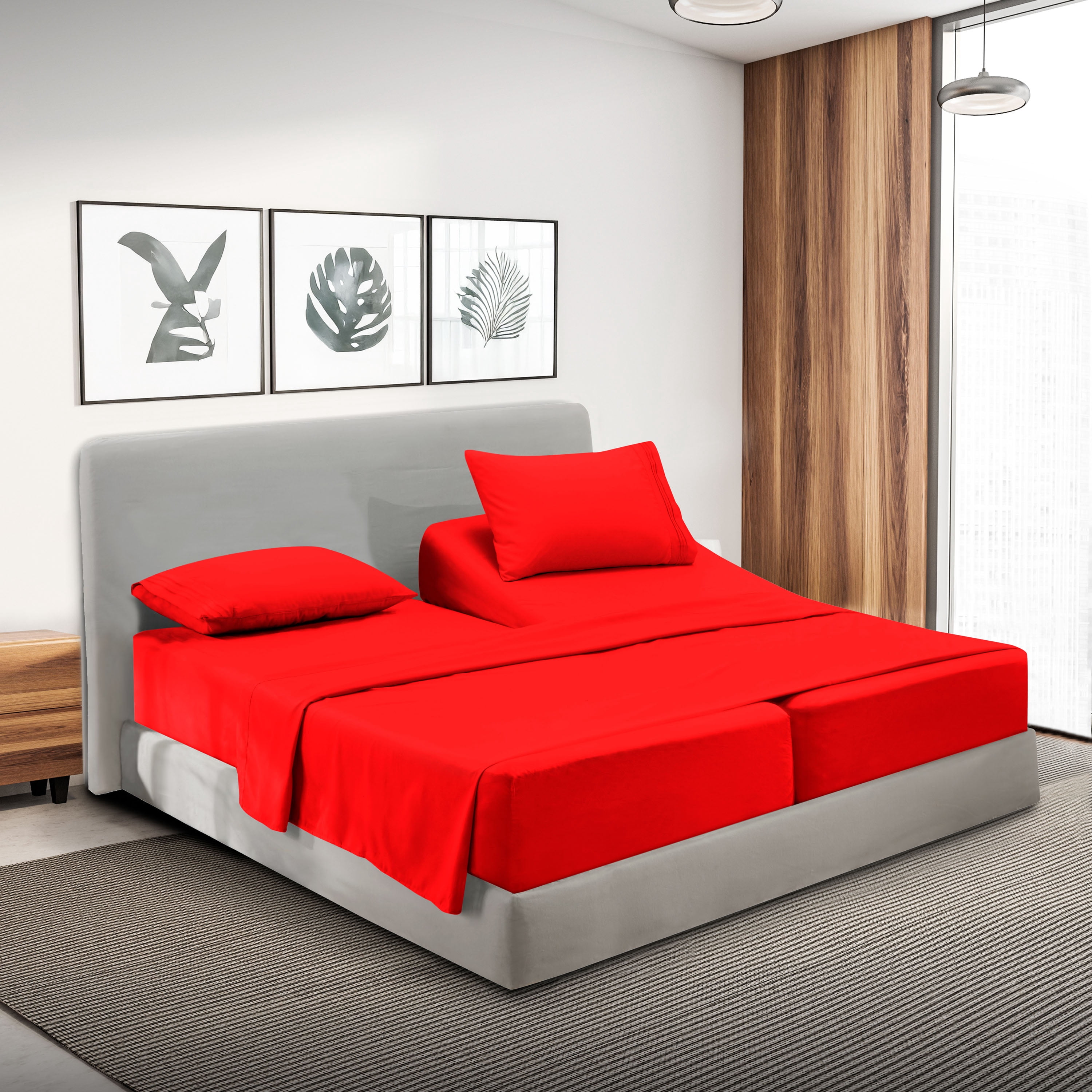 Lammaloe Split King Sheets Set, Hotel Style Deep Pocket 5 Piece Bed Sheets, Luxury Soft Microfiber Sheet Sets, Cherry Red