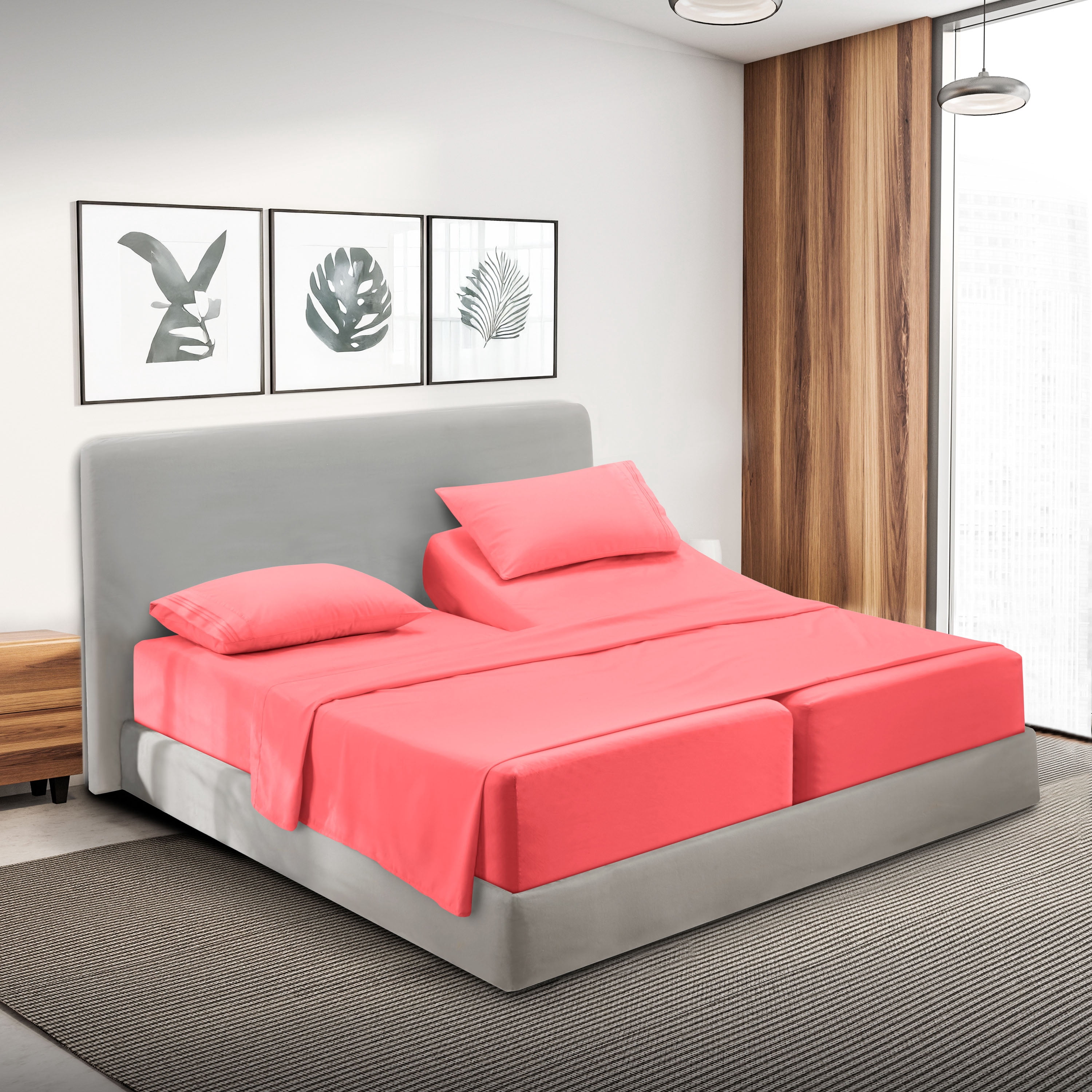 Lammaloe Split King Sheets Set, Hotel Style Deep Pocket 5 Piece Bed Sheets, Luxury Soft Microfiber Sheet Sets, Coral Pink