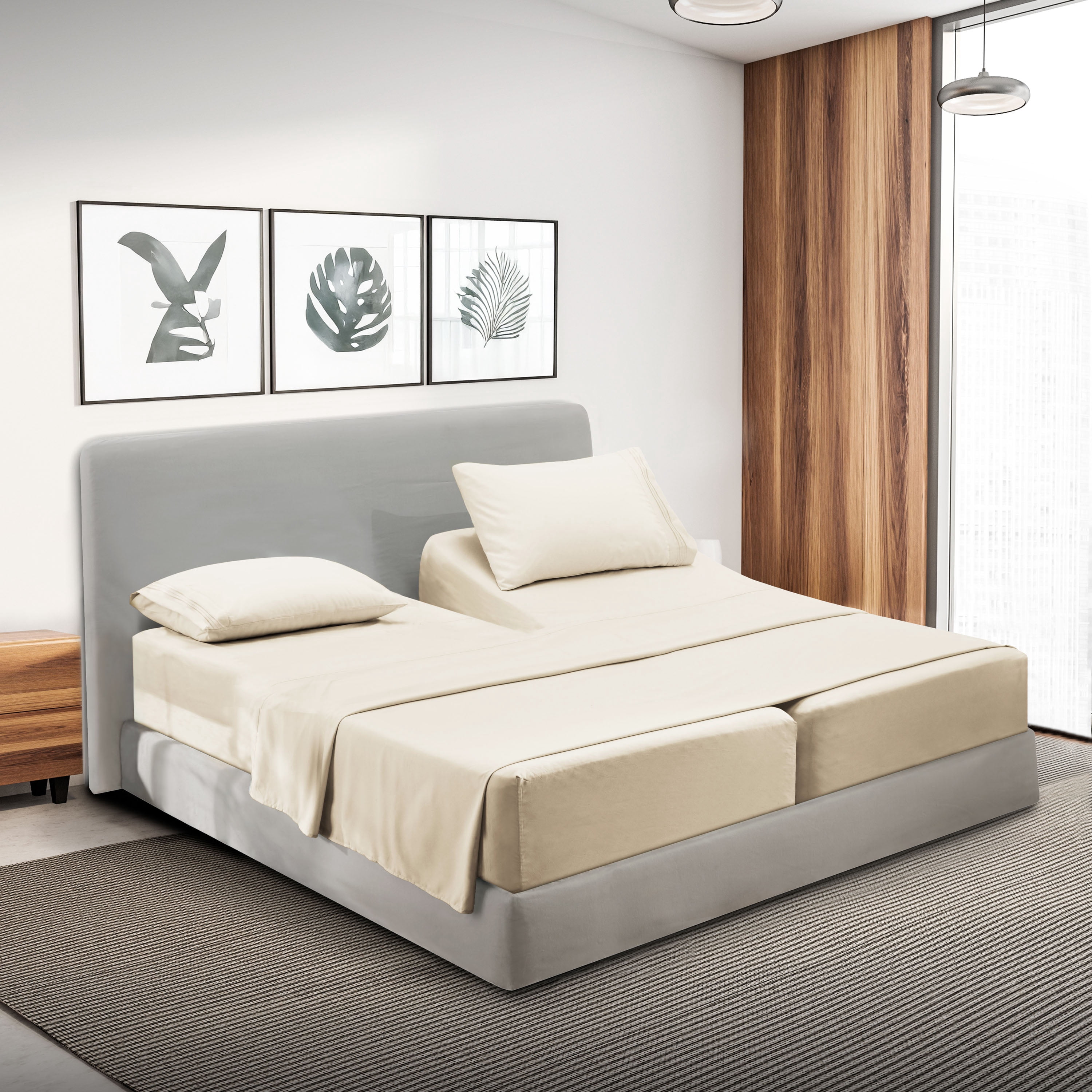 Lammaloe Split King Sheets Set, Hotel Style Deep Pocket 5 Piece Bed Sheets, Luxury Soft Microfiber Sheet Sets, Off White